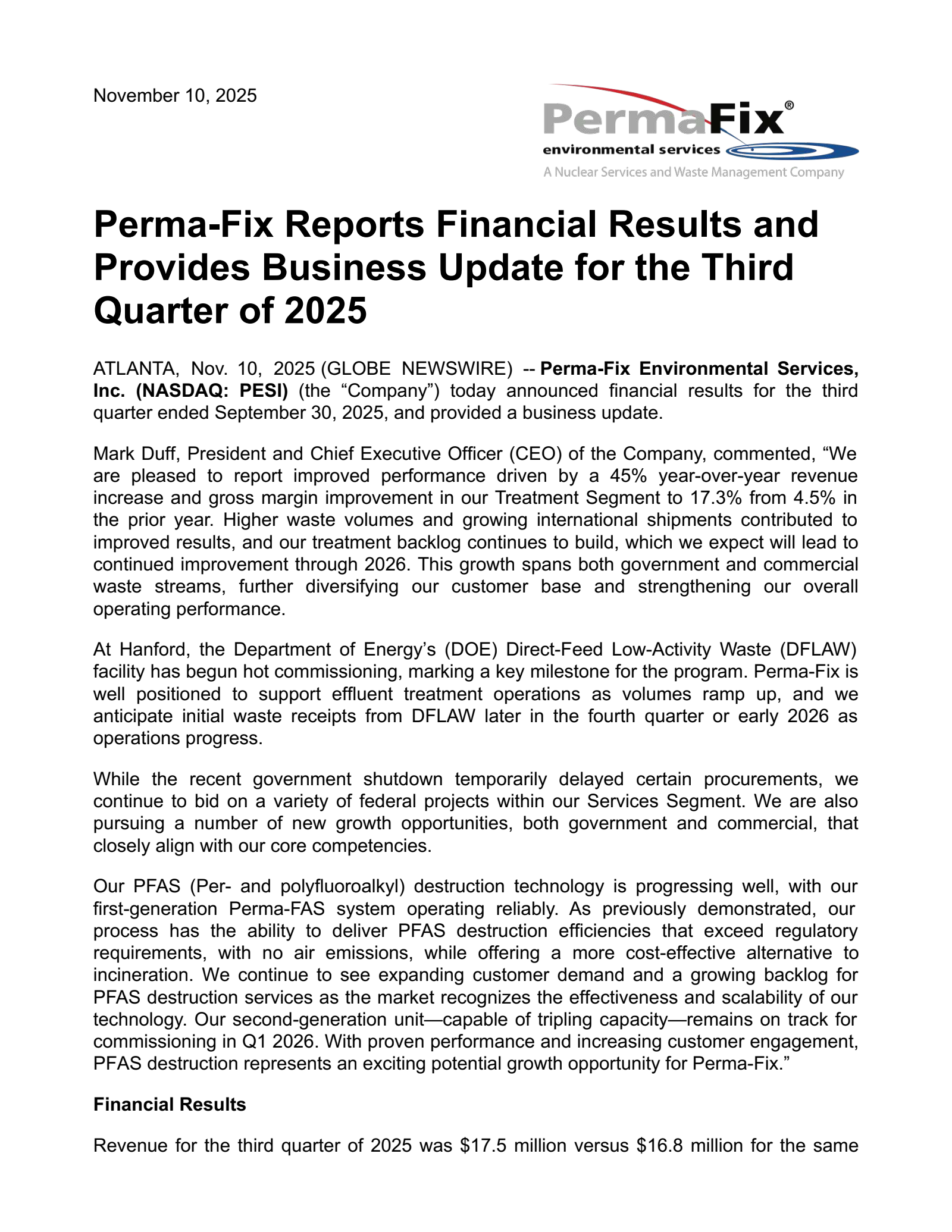 Perma-Fix Environmental Services' Q3 2025 Earnings Release