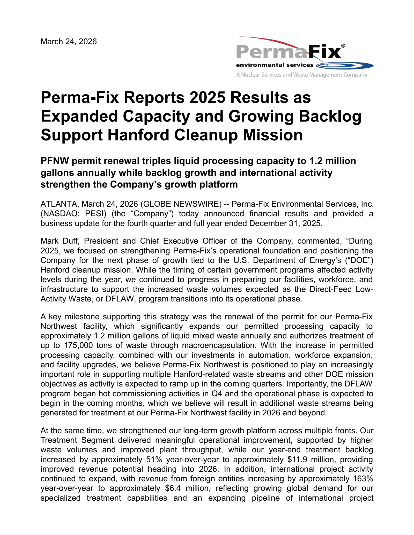 Perma-Fix Environmental Services' Q4 2025 Press Release