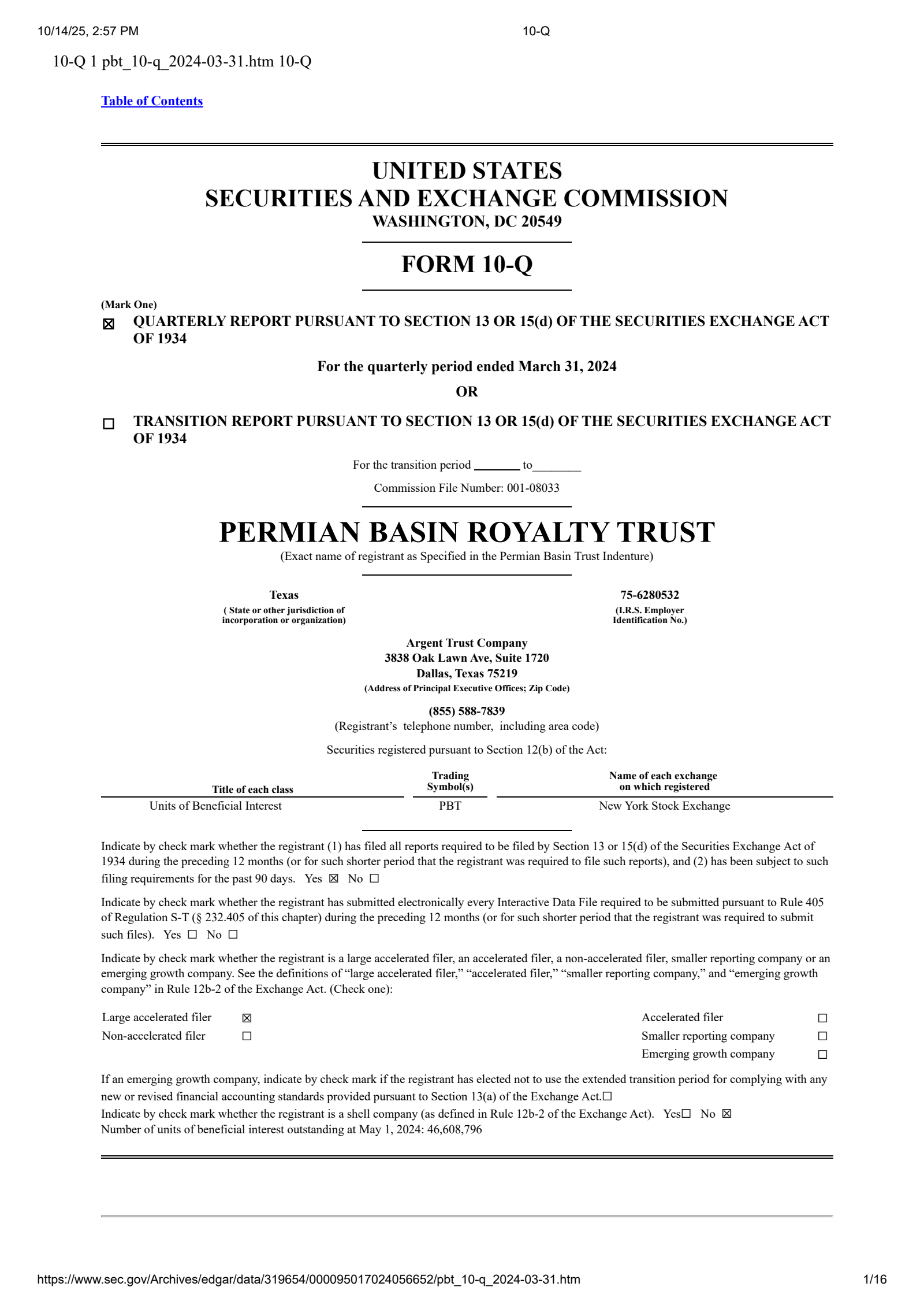 Permian Basin Royalty Trust's Q1 2024 Quarterly Report