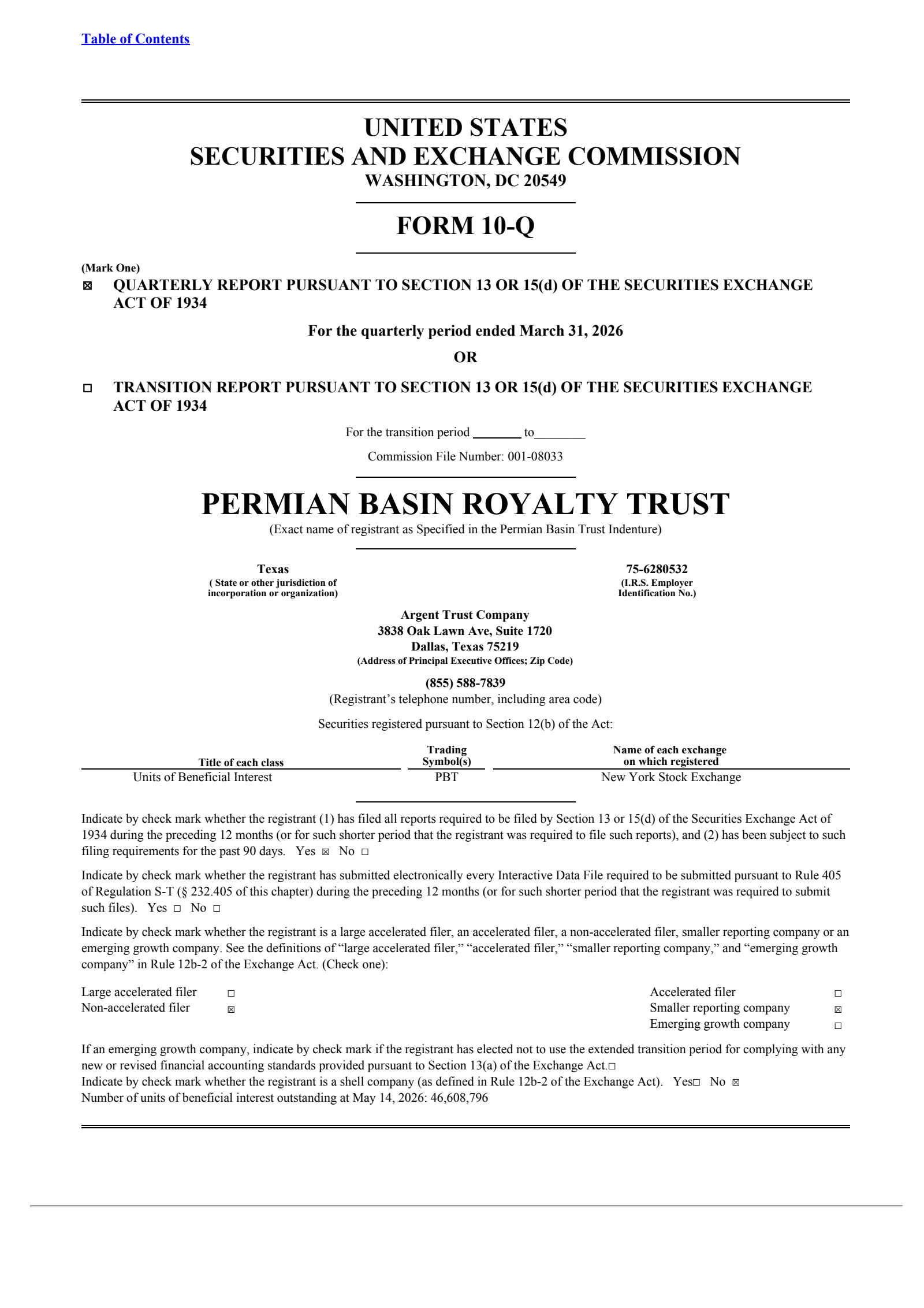 Permian Basin Royalty Trust's Q1 2026 Quarterly report