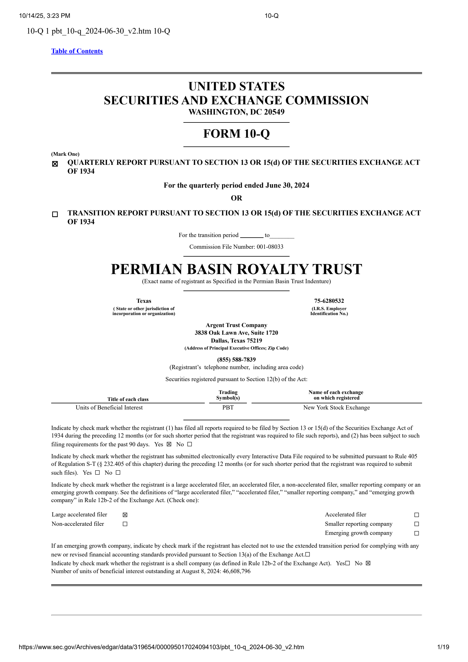 Permian Basin Royalty Trust's Q2 2024 Quarterly Report