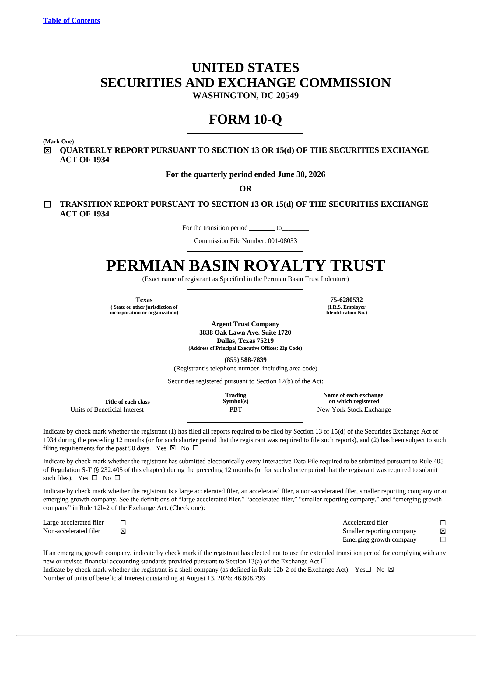 Permian Basin Royalty Trust's Q2 2026 Quarterly report