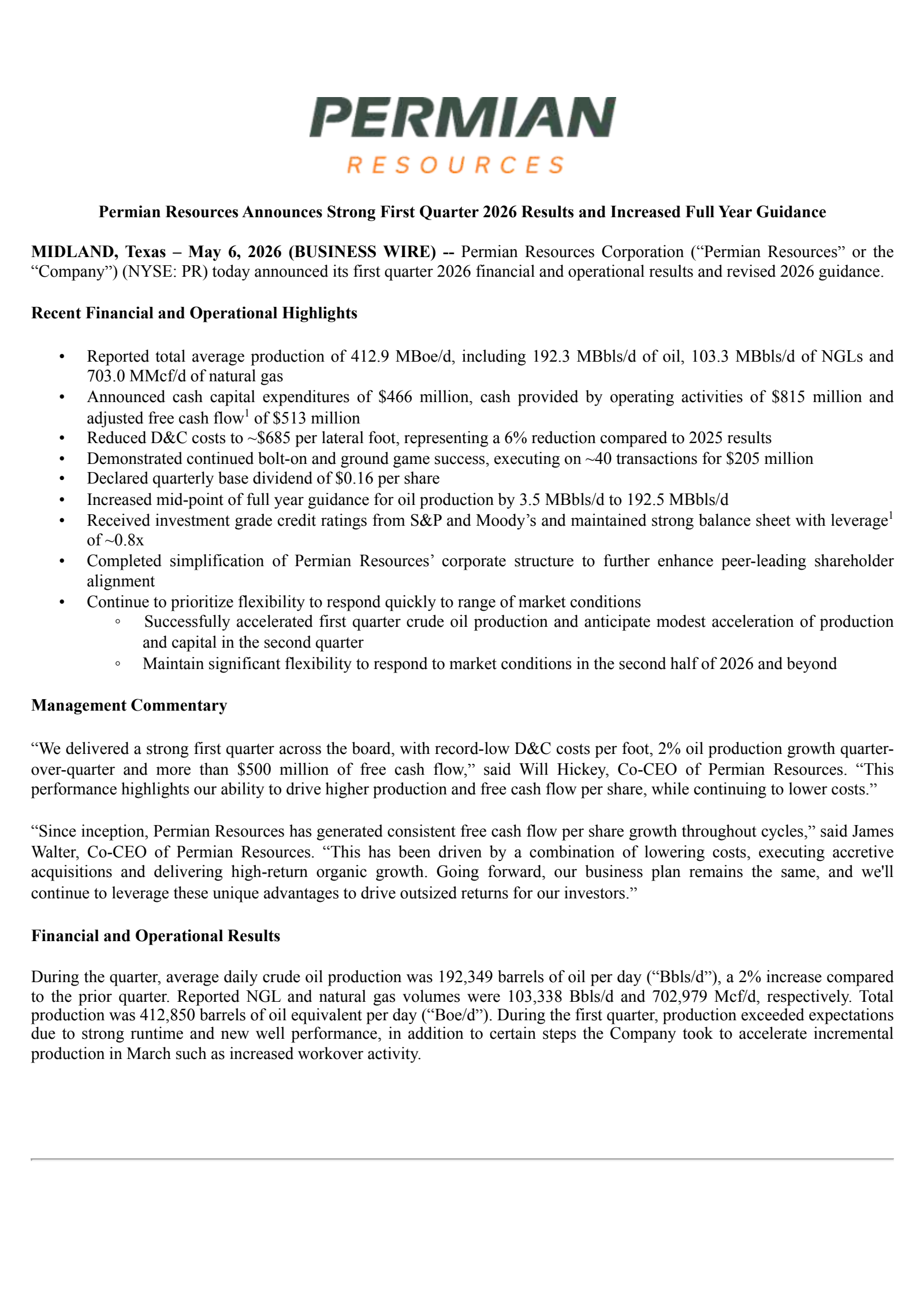 Permian Resources' Q1 2026 Press Release