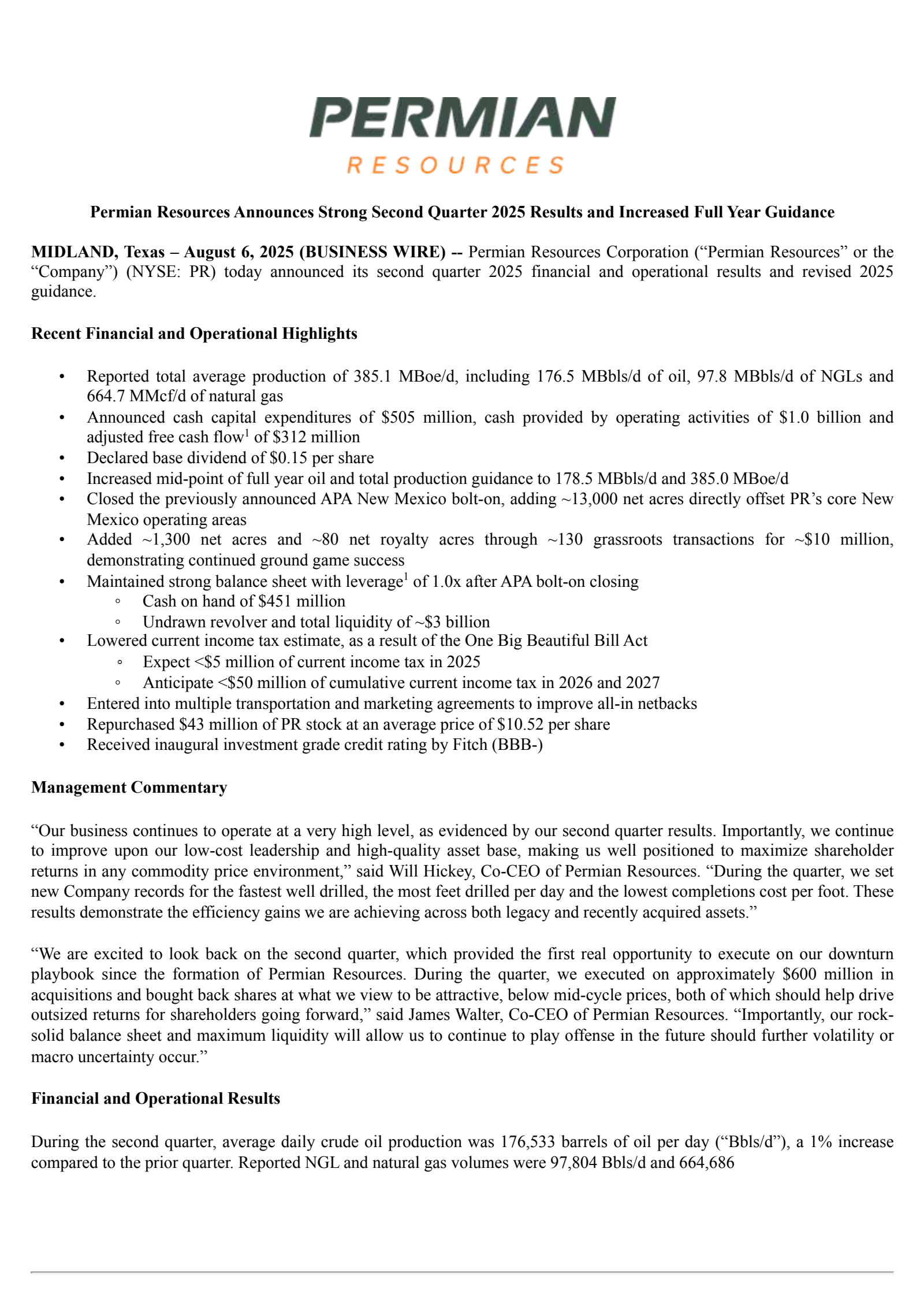 Permian Resources' Q2 2025 Press Release