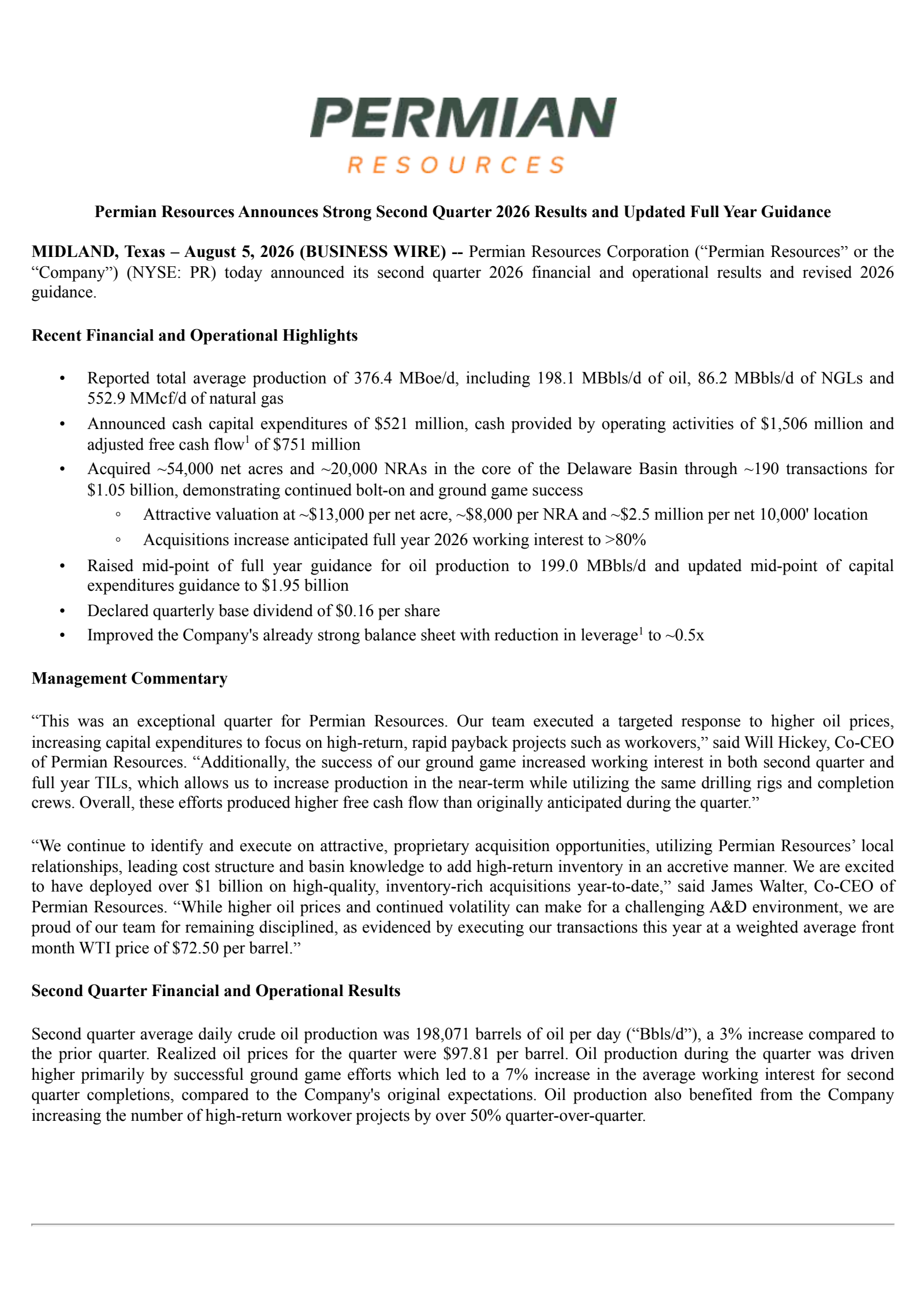 Permian Resources' Q2 2026 Press Release