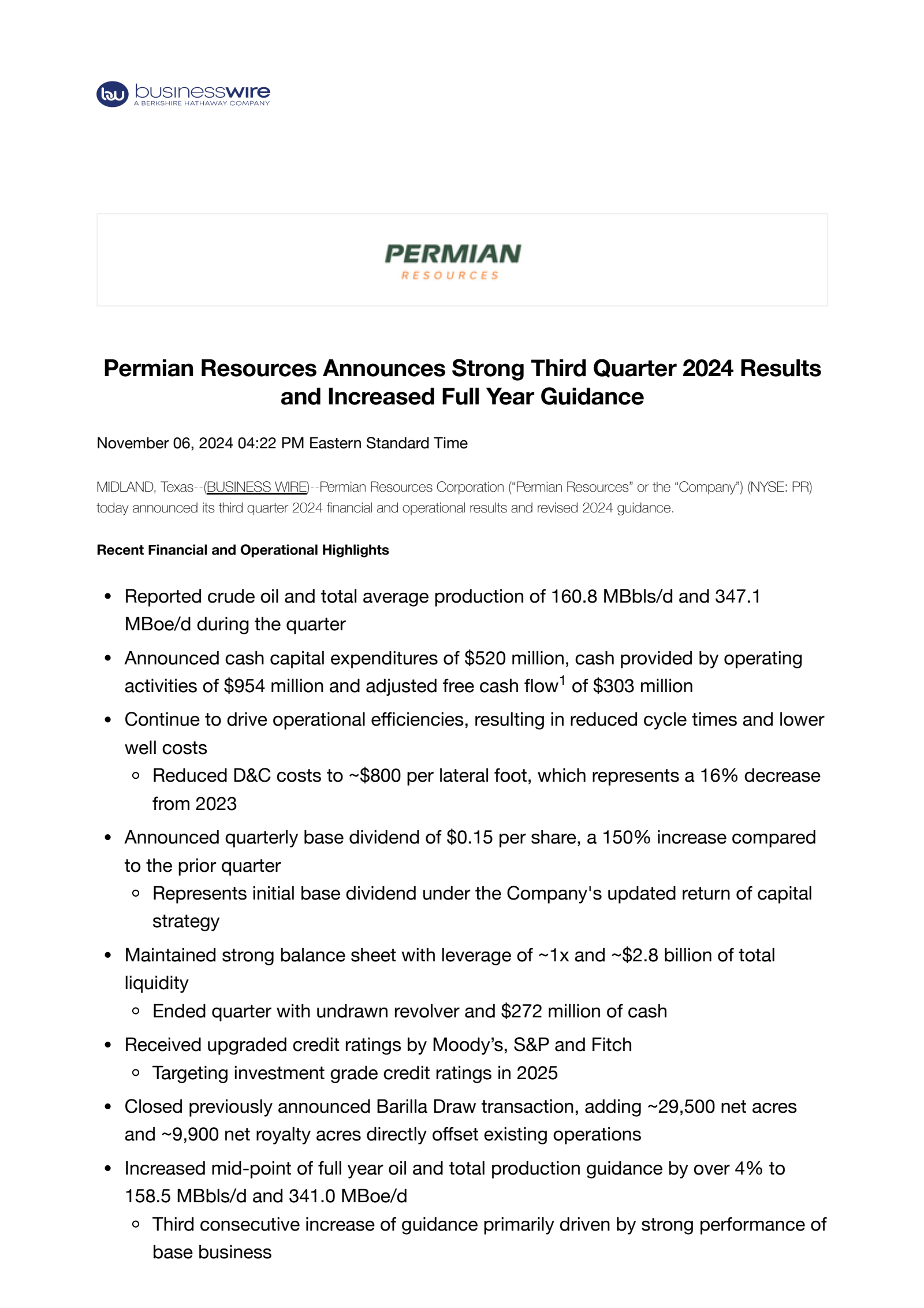 Permian Resources' Q3 2024 Press Release