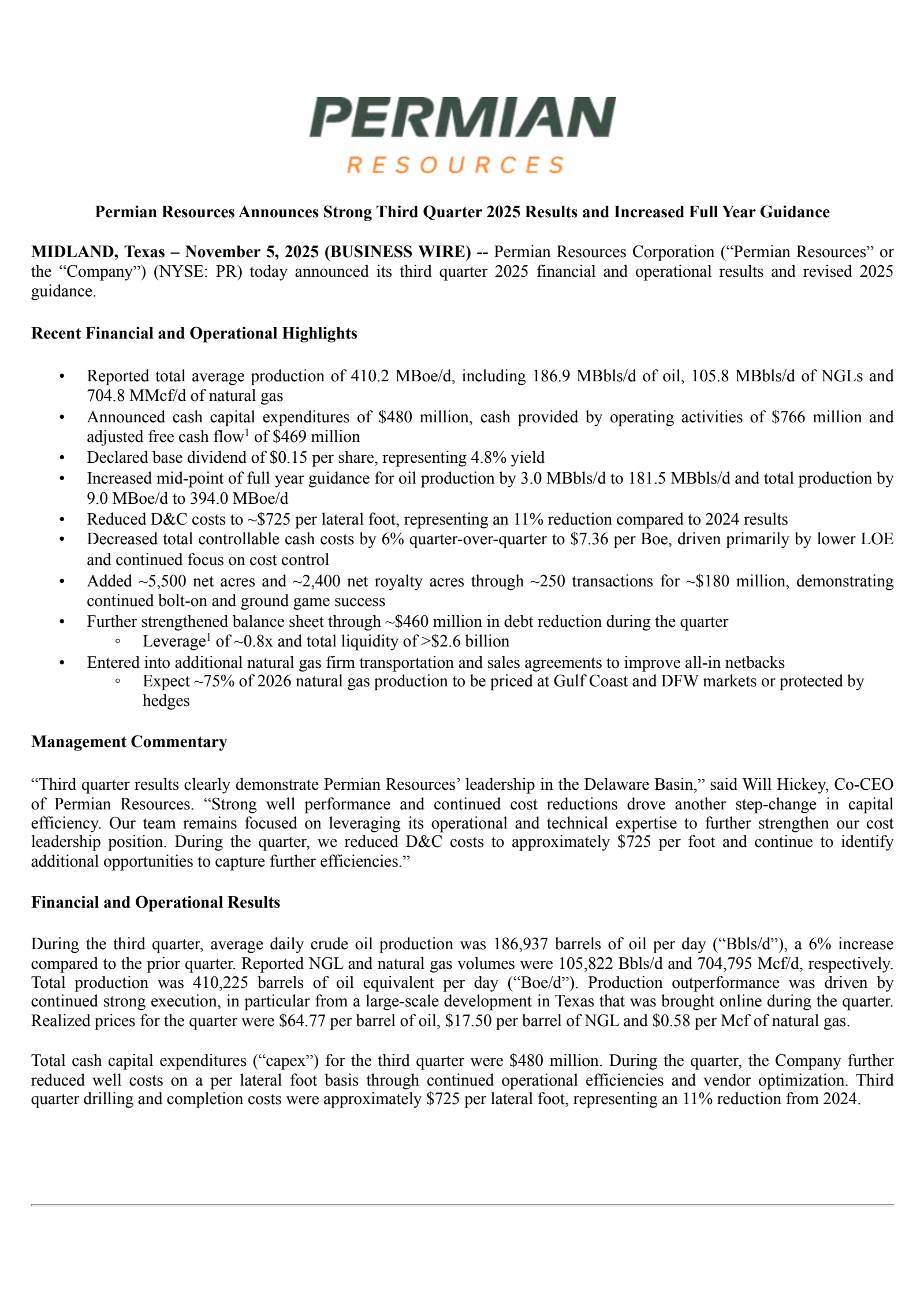 Permian Resources' Q3 2025 Earnings Release