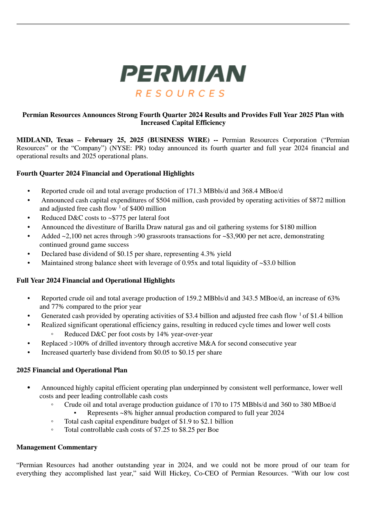 Permian Resources' Q4 2024 Press Release