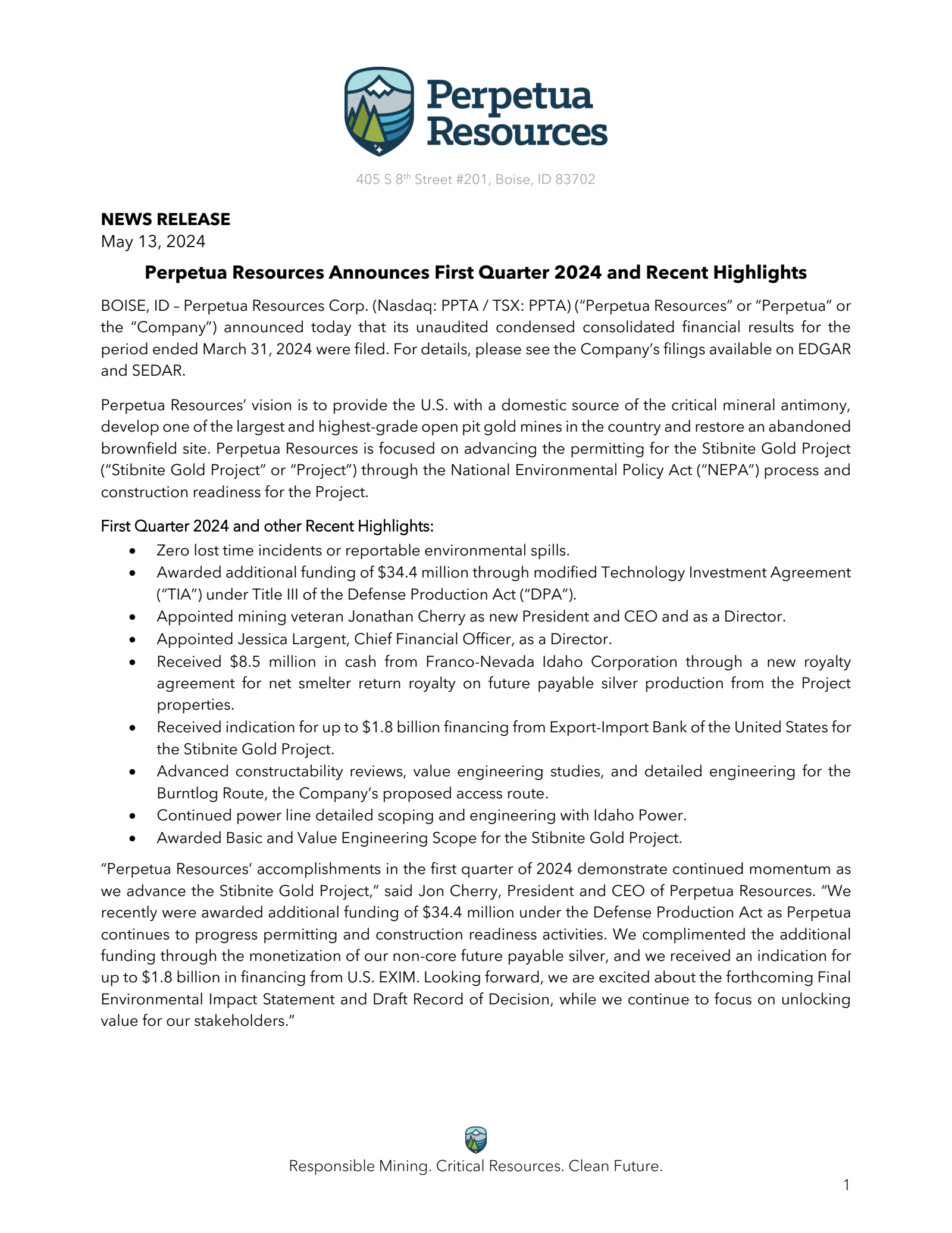 Perpetua Resources' Q1 2024 Earnings Release