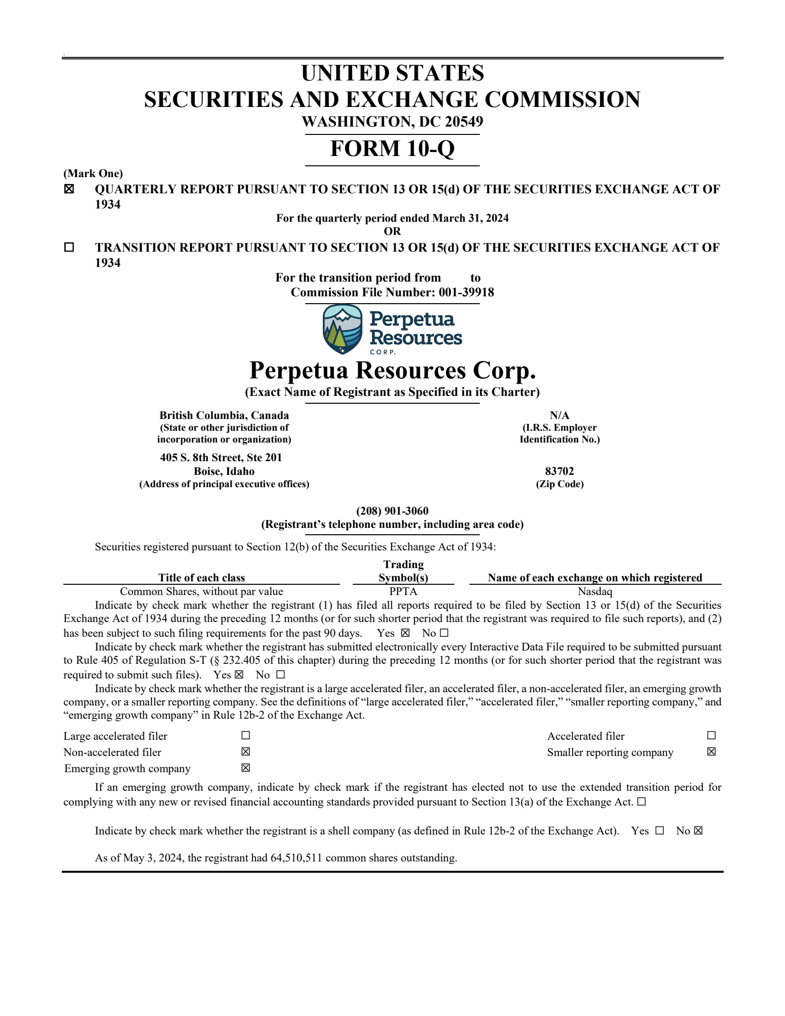 Perpetua Resources' Q1 2024 Quarterly Report
