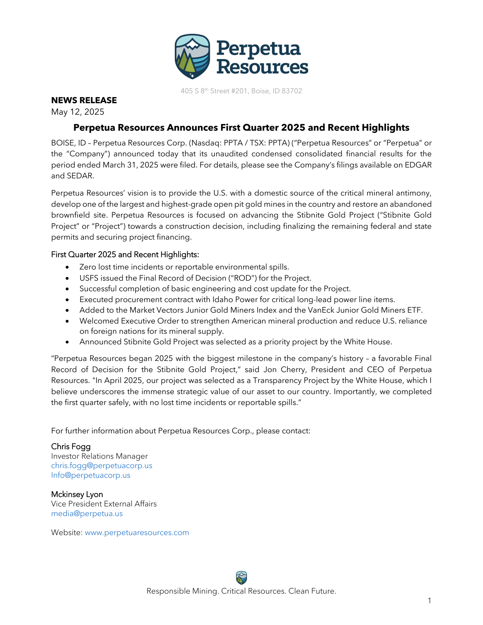 Perpetua Resources' Q1 2025 Earnings Release