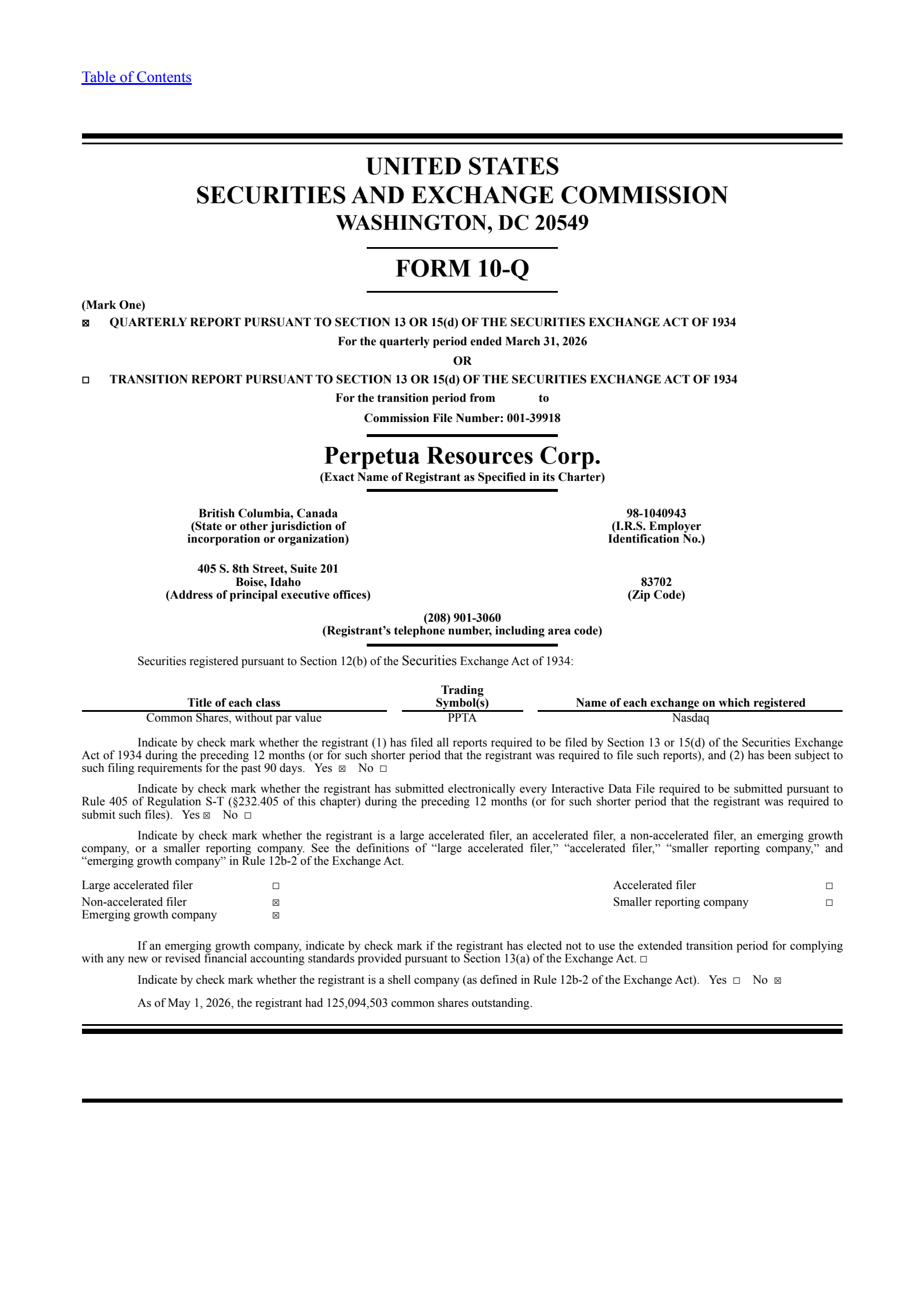 Perpetua Resources' Q1 2026 Quarterly report