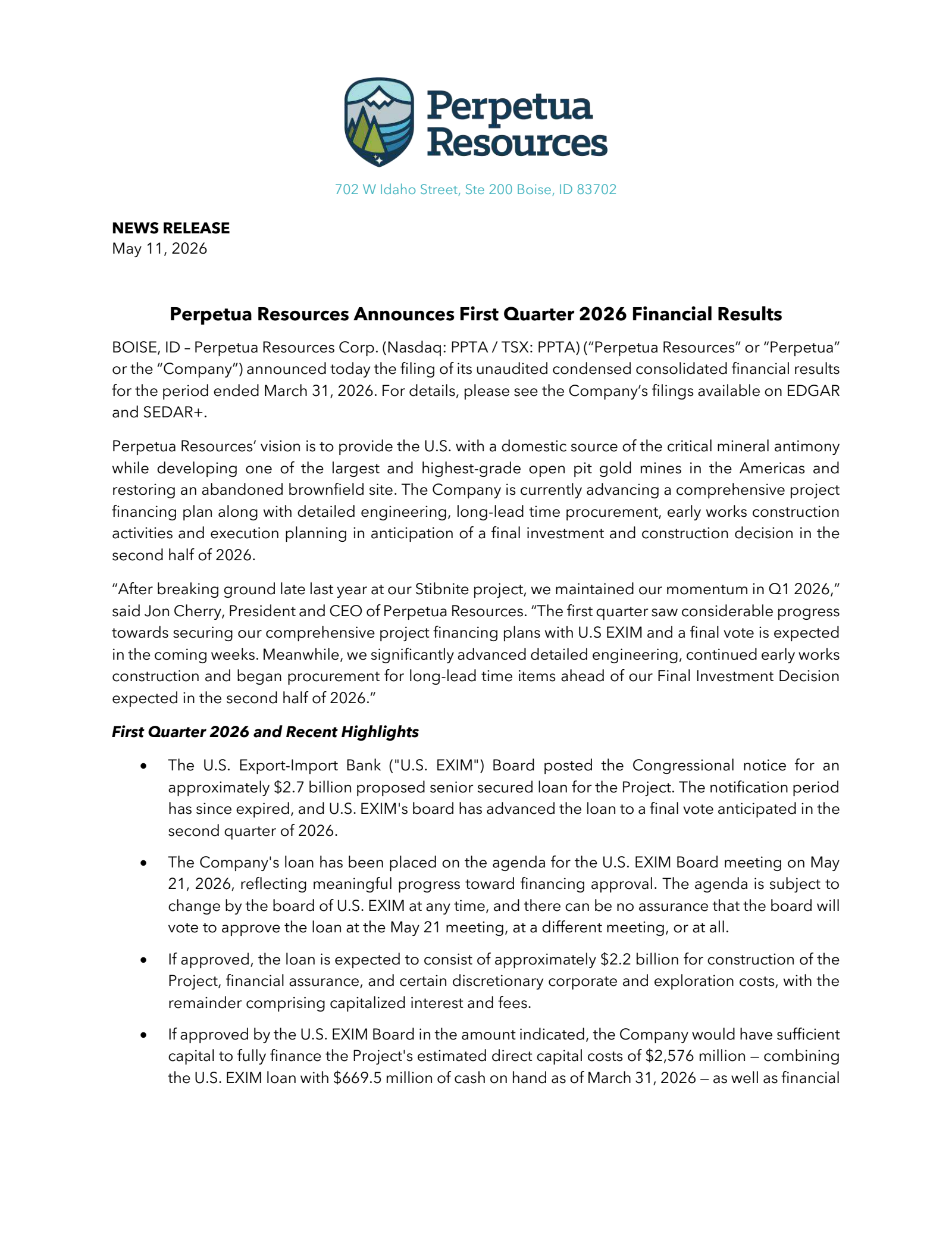 Perpetua Resources' Q1 2026 Press Release