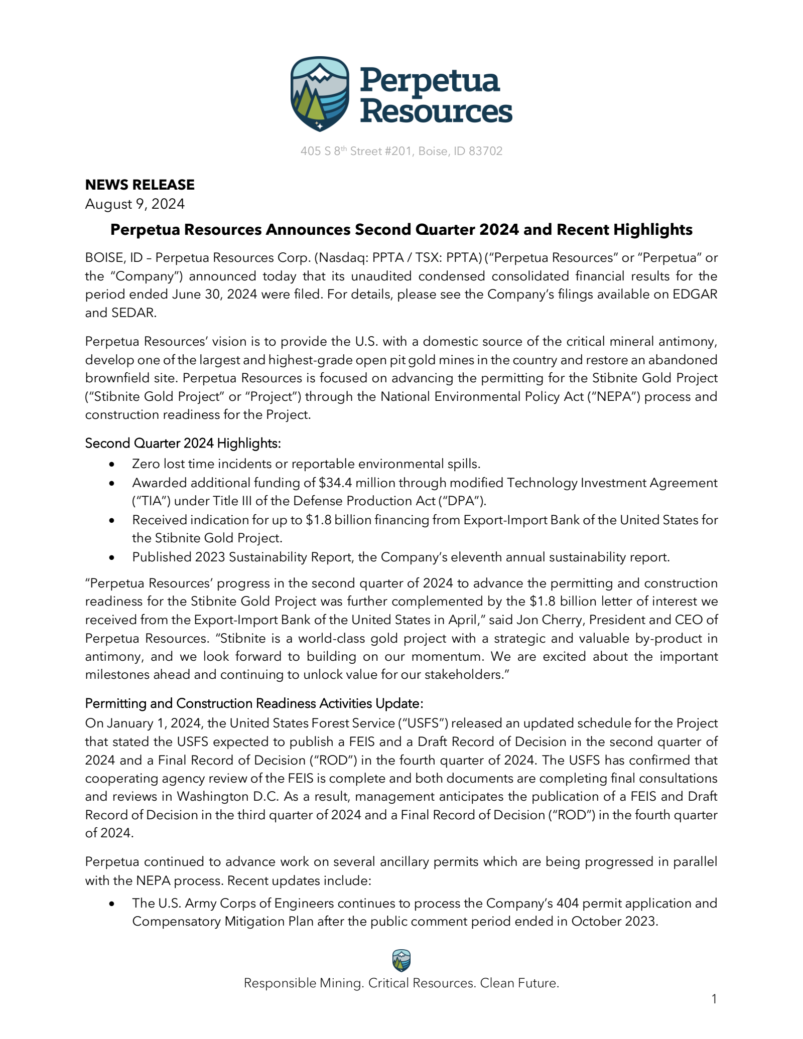 Perpetua Resources' Q2 2024 Earnings Release