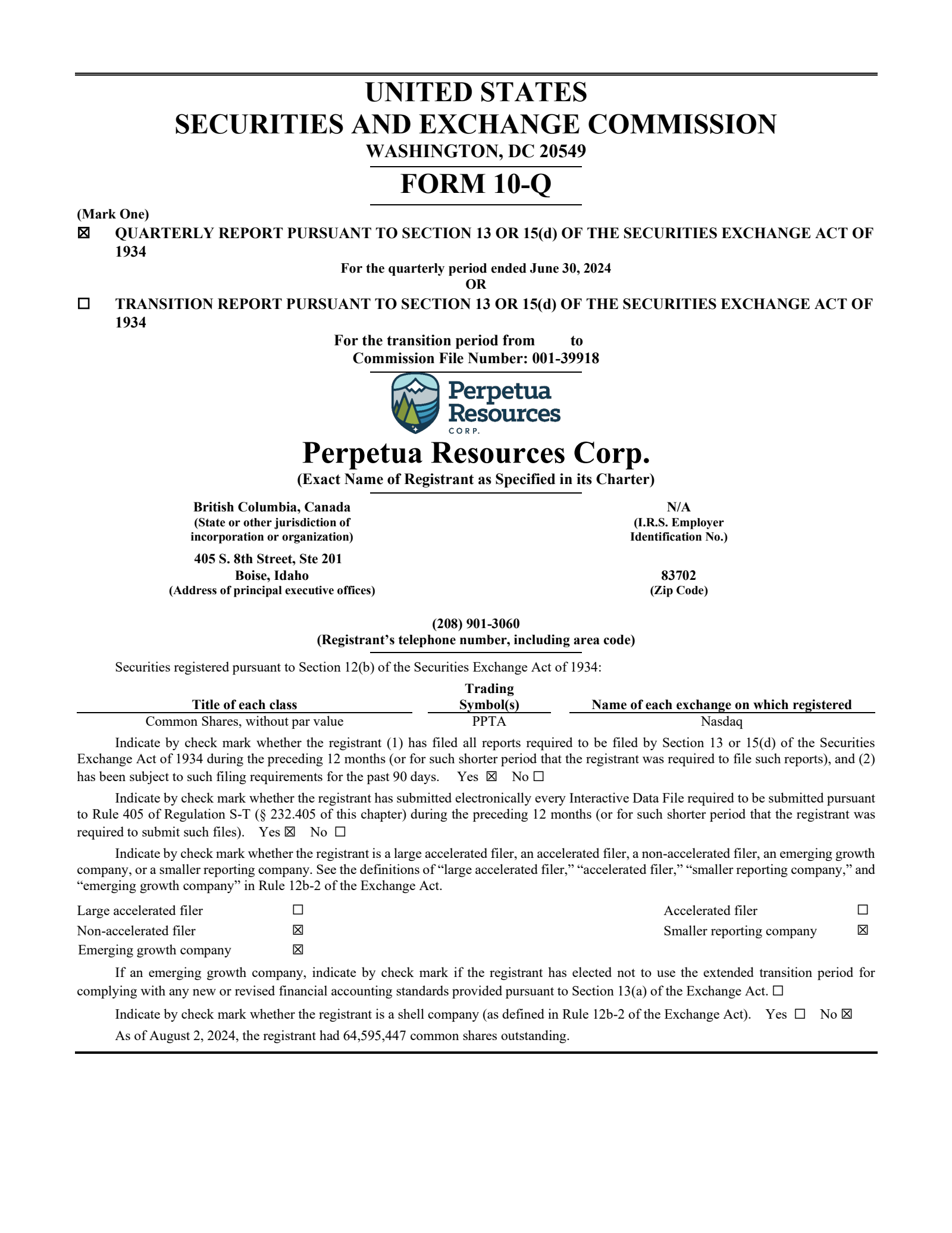 Perpetua Resources' Q2 2024 Quarterly Report