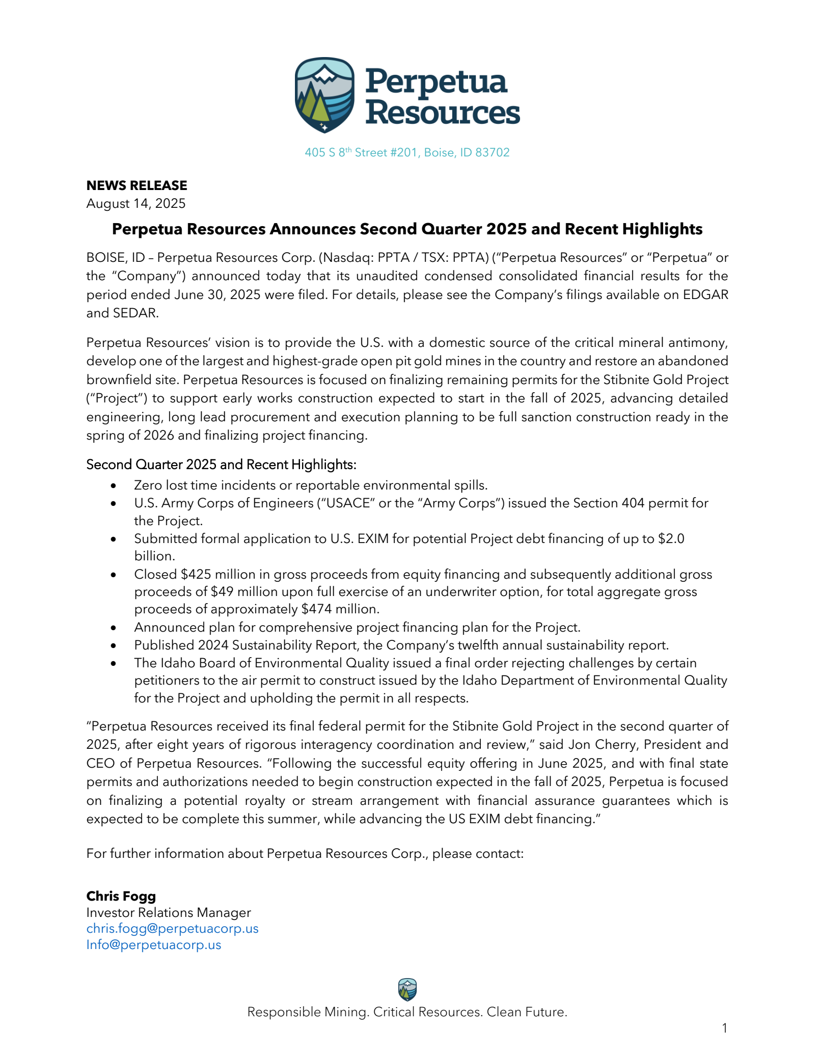 Perpetua Resources' Q2 2025 Earnings Release
