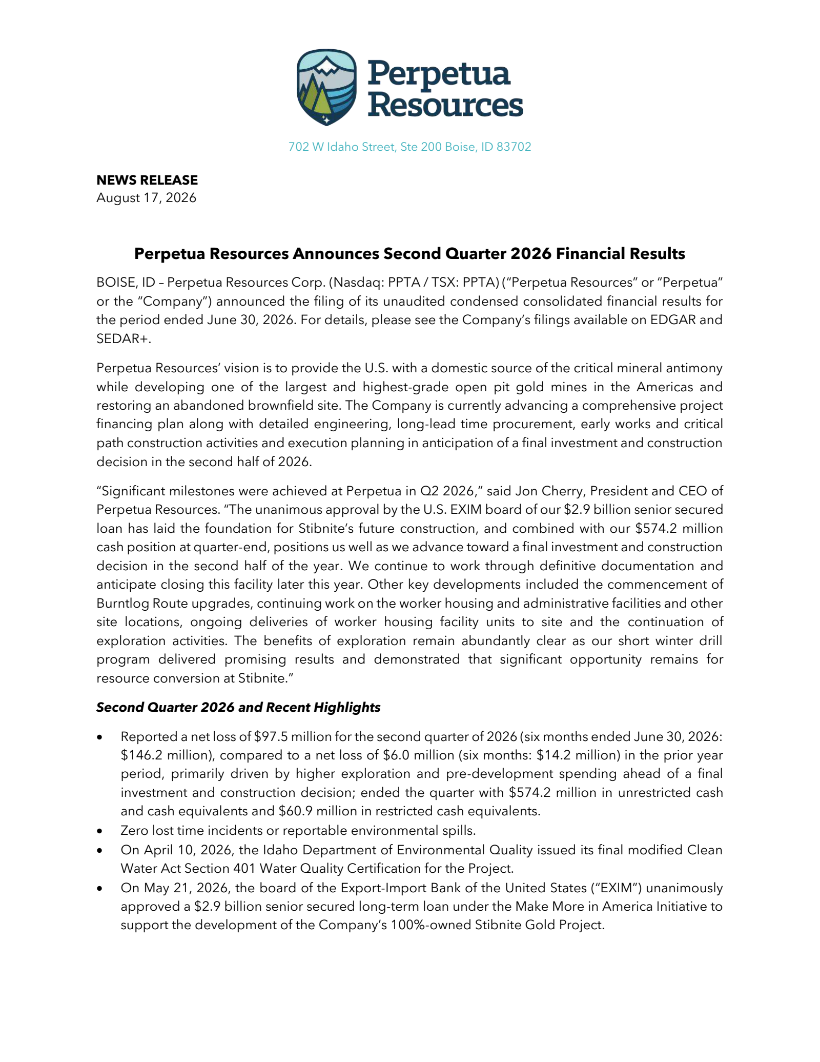 Perpetua Resources' Q2 2026 Press Release