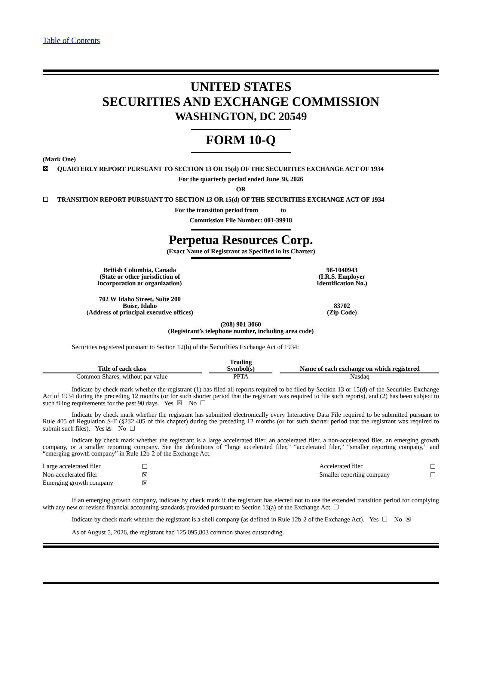 Perpetua Resources' Q2 2026 Quarterly report