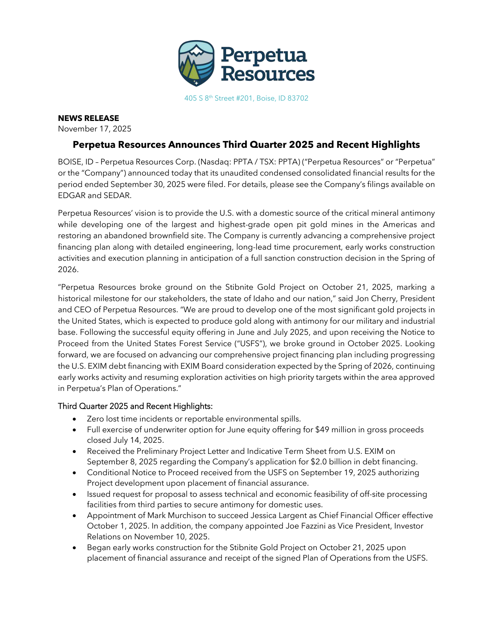 Perpetua Resources' Q3 2025 Earnings Release