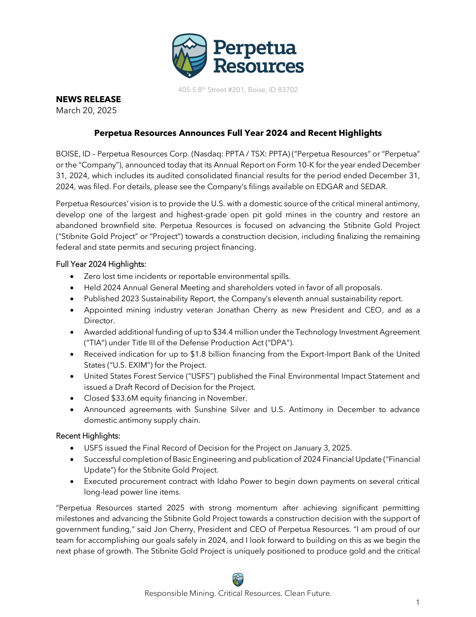 Perpetua Resources' Q4 2024 Earnings Release