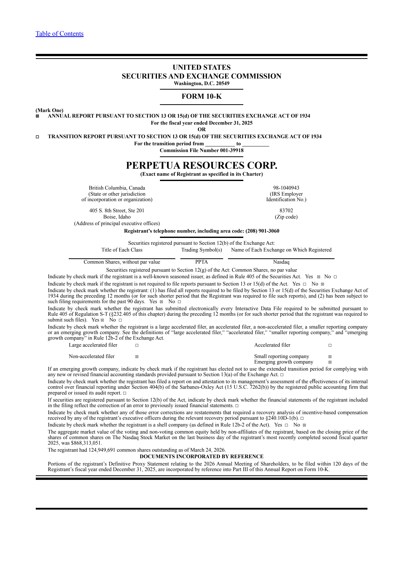 Perpetua Resources' Q4 2025 Annual report