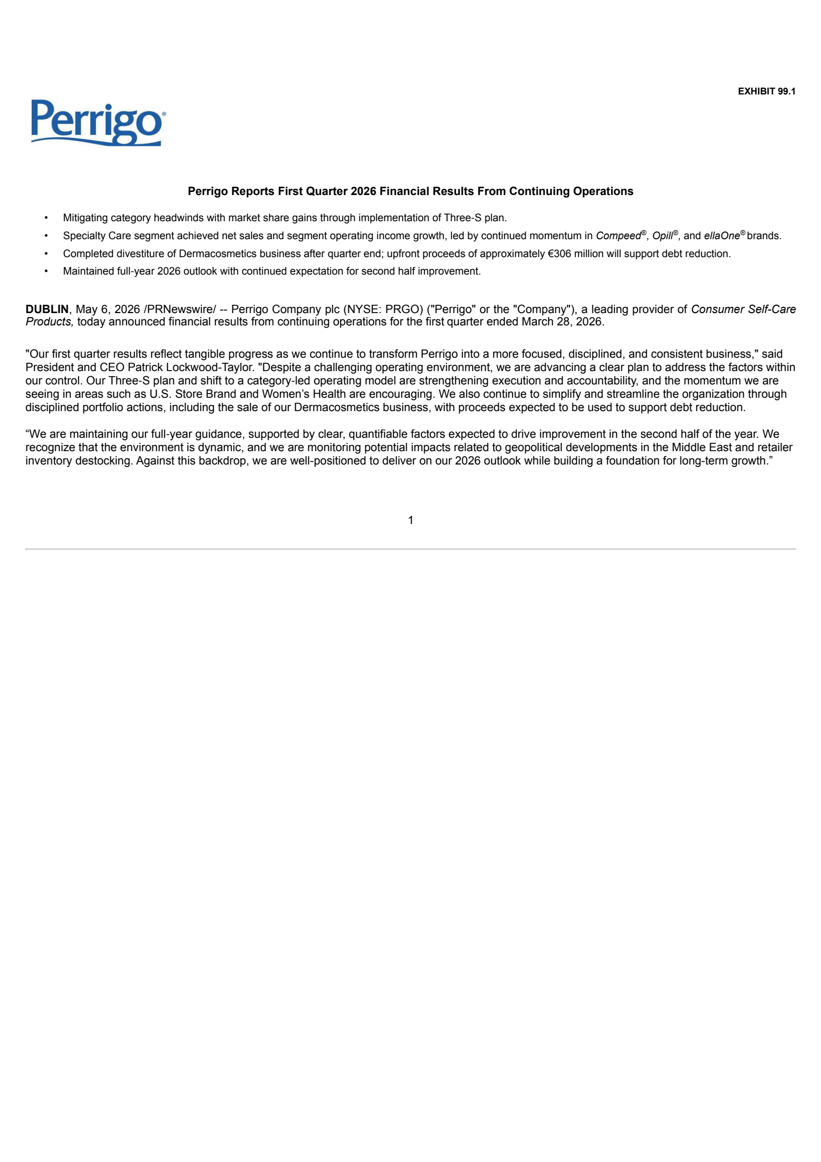 Perrigo's Q1 2026 Press Release