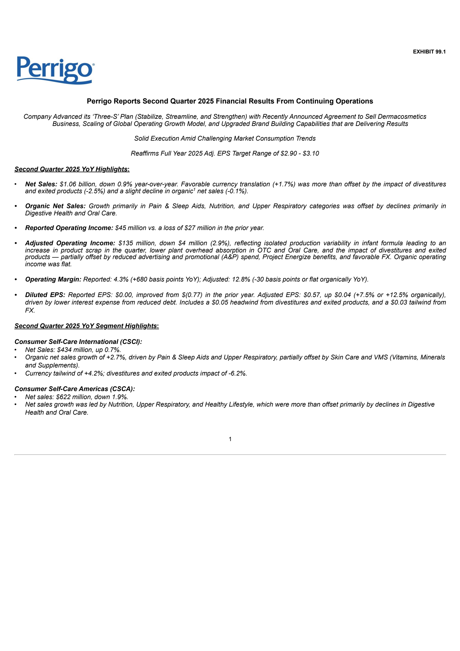 Perrigo's Q2 2025 Press Release
