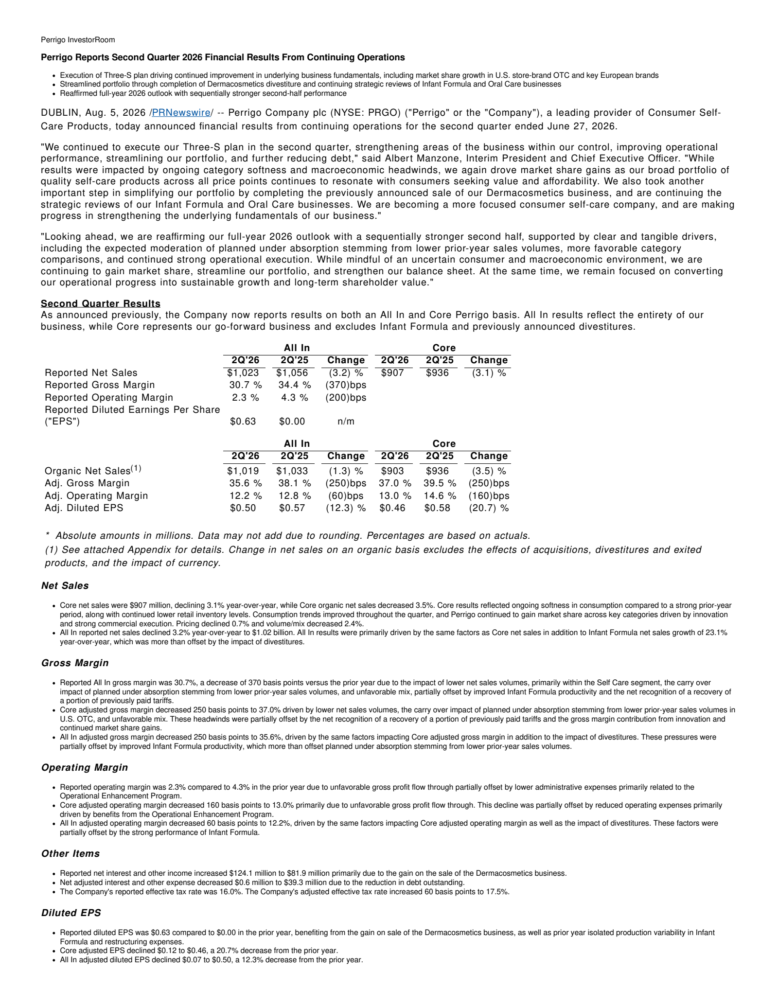 Perrigo's Q2 2026 Press Release