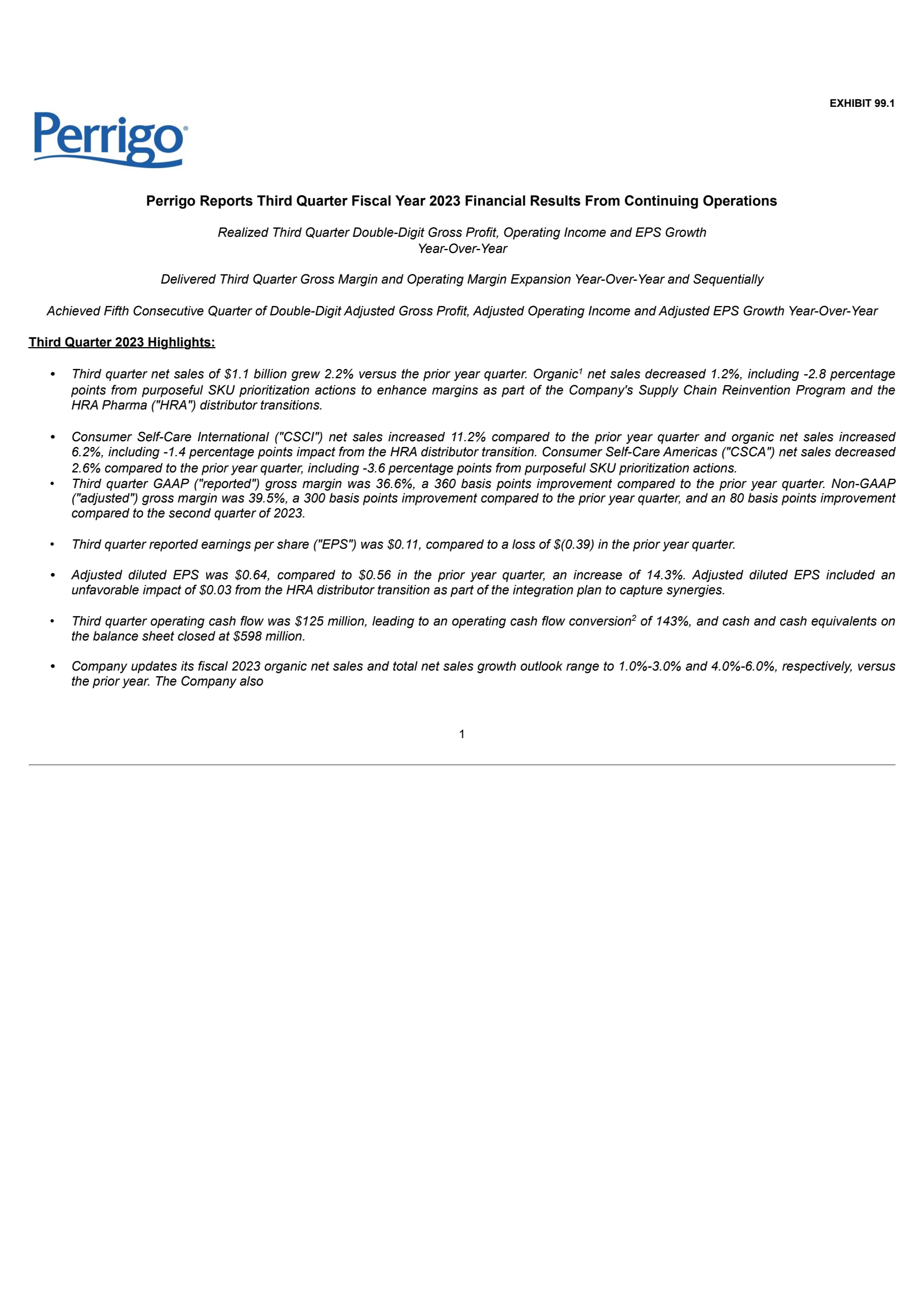 Perrigo's Q3 2023 Press Release
