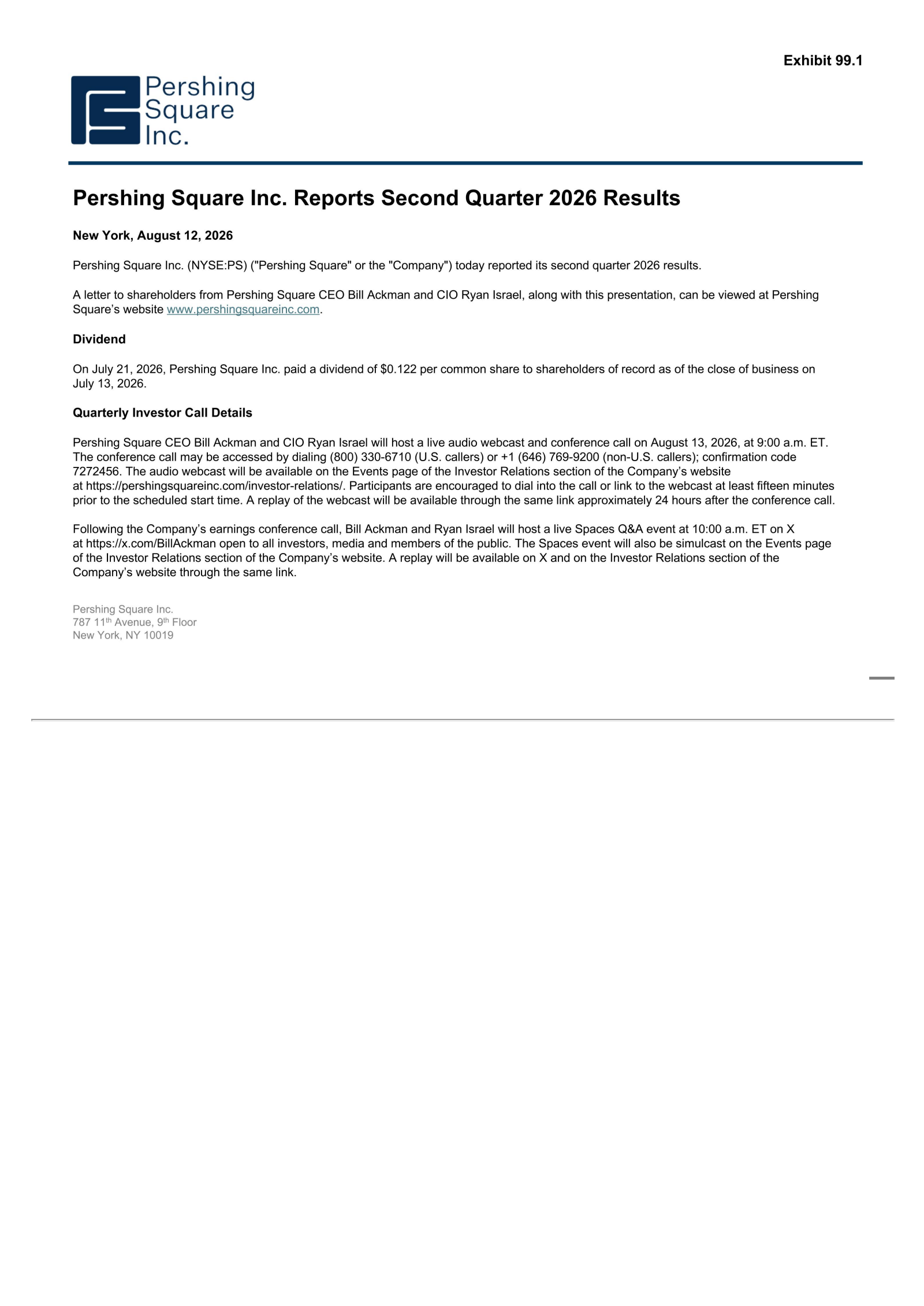 Pershing Square's Q2 2026 Press Release