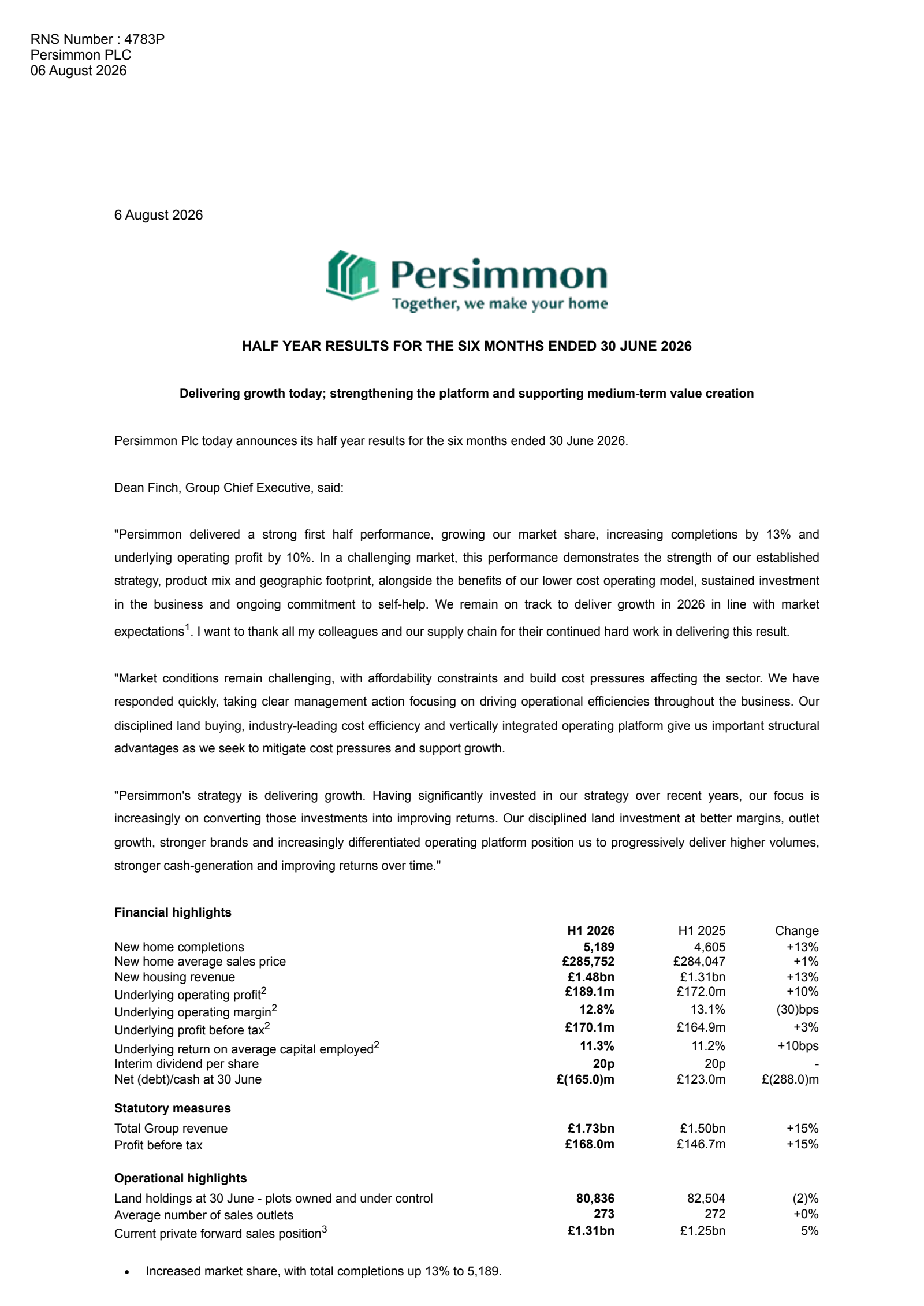 Persimmon's H1 2026 Interim report