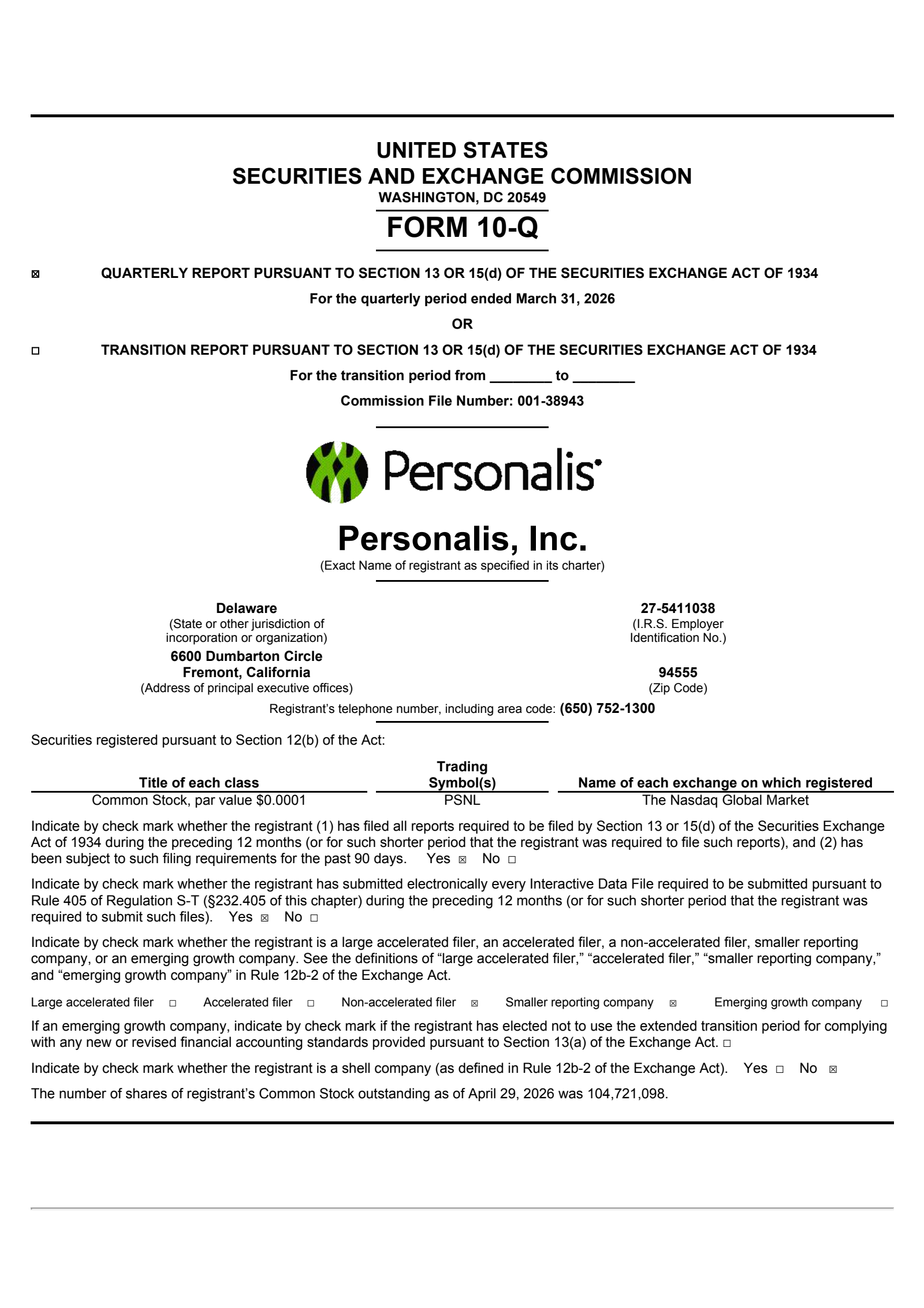 Personalis' Q1 2026 Quarterly report
