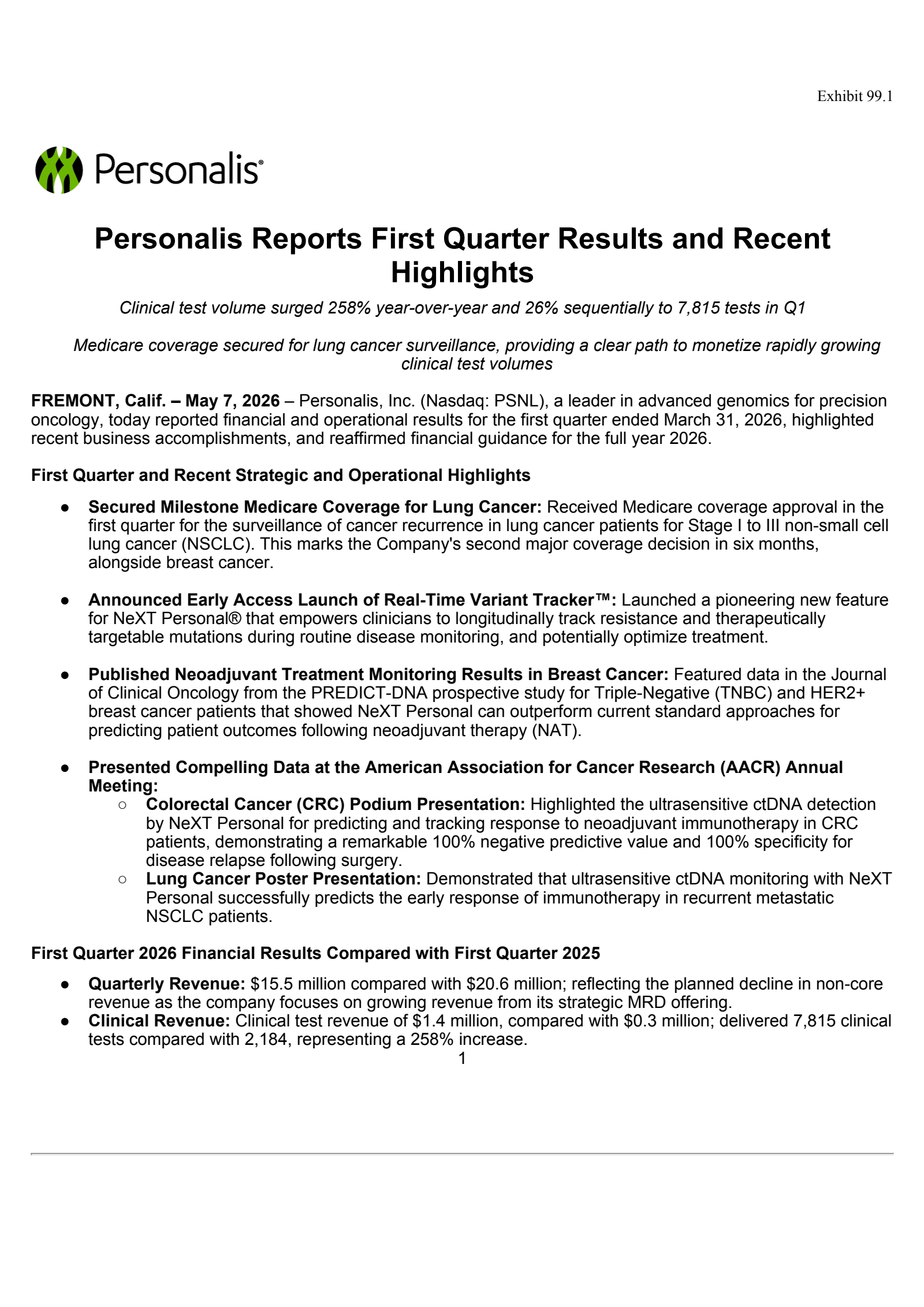 Personalis' Q1 2026 Press Release