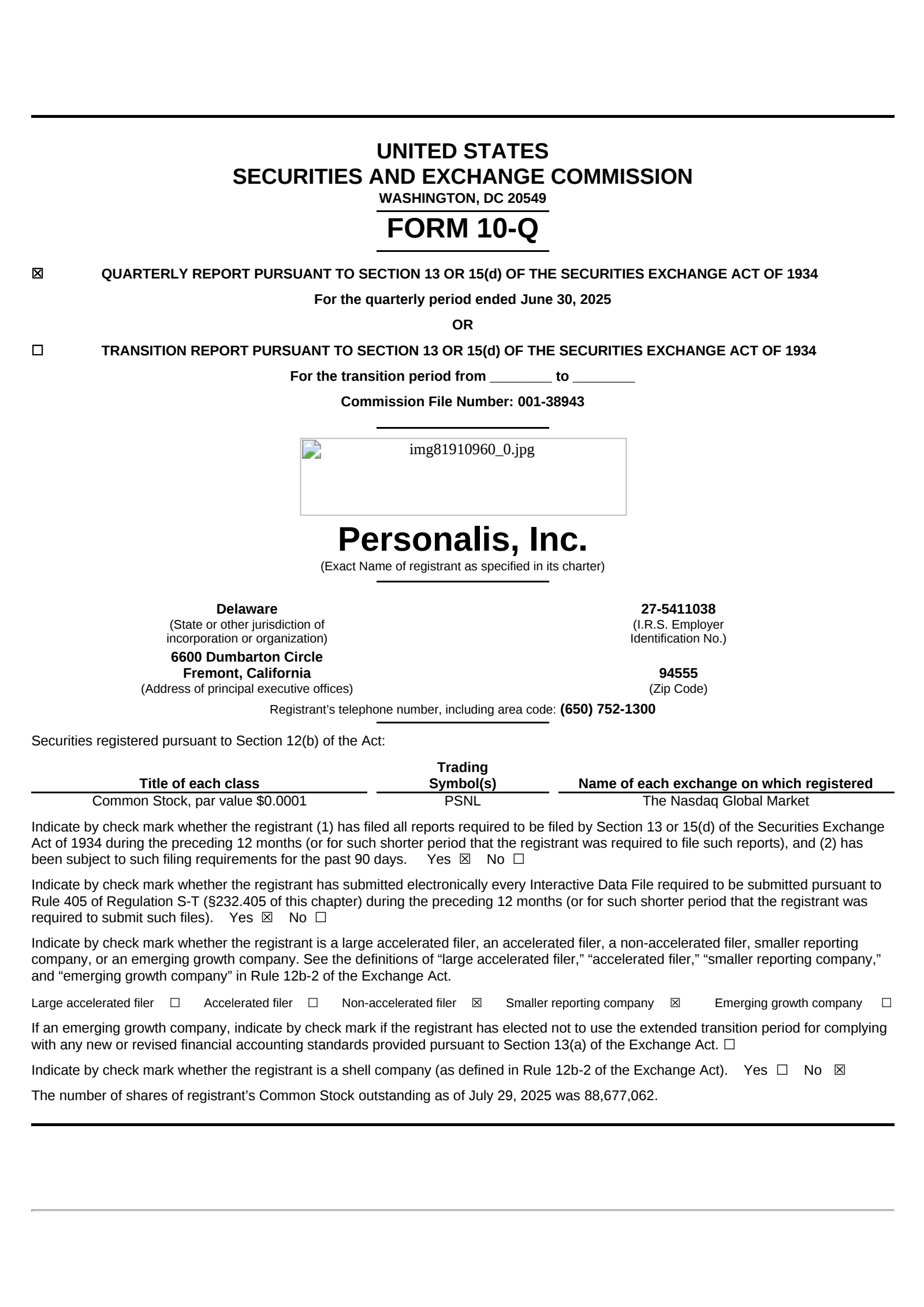 Personalis' Q2 2025 Quarterly report