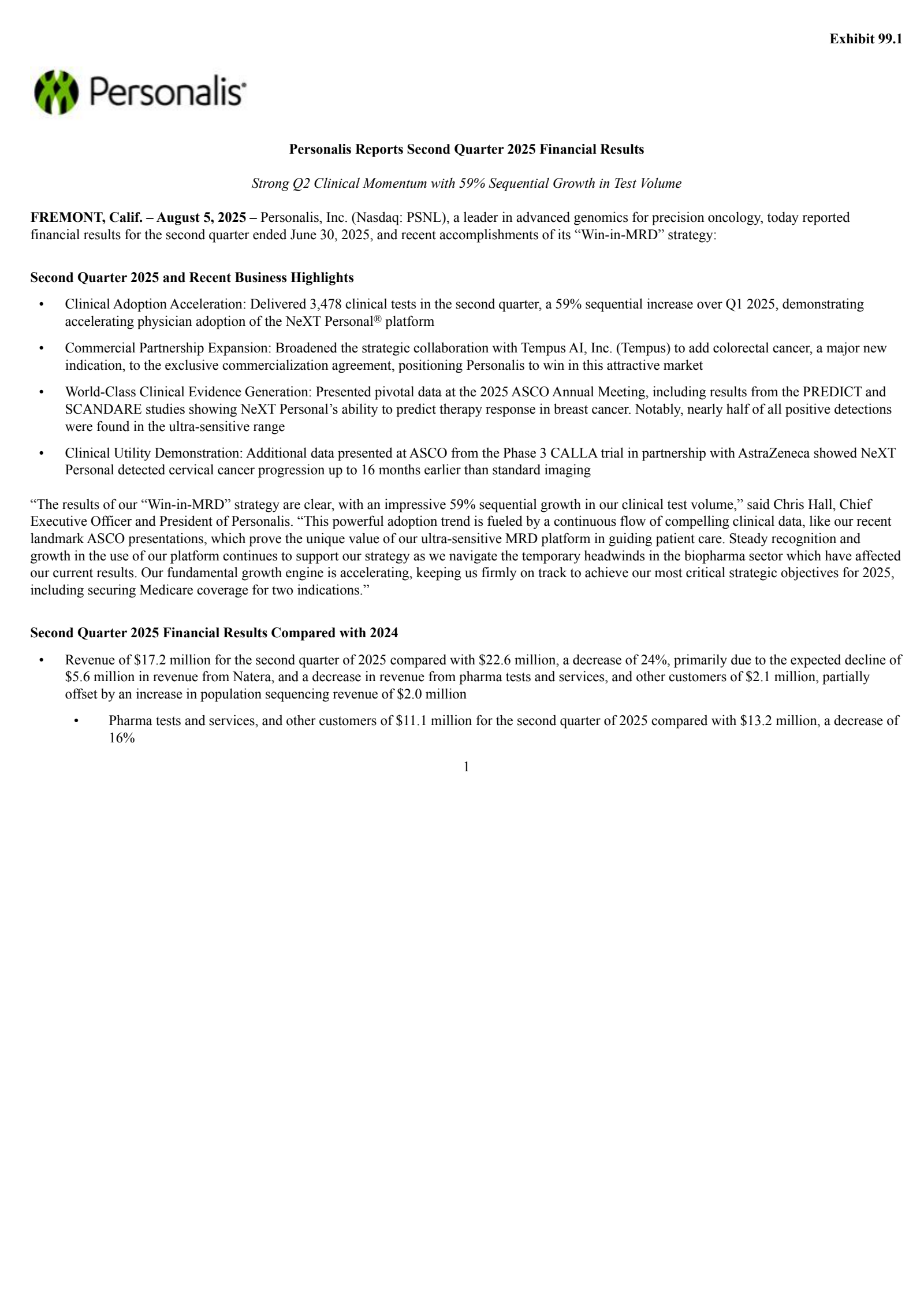 Personalis' Q2 2025 Press Release