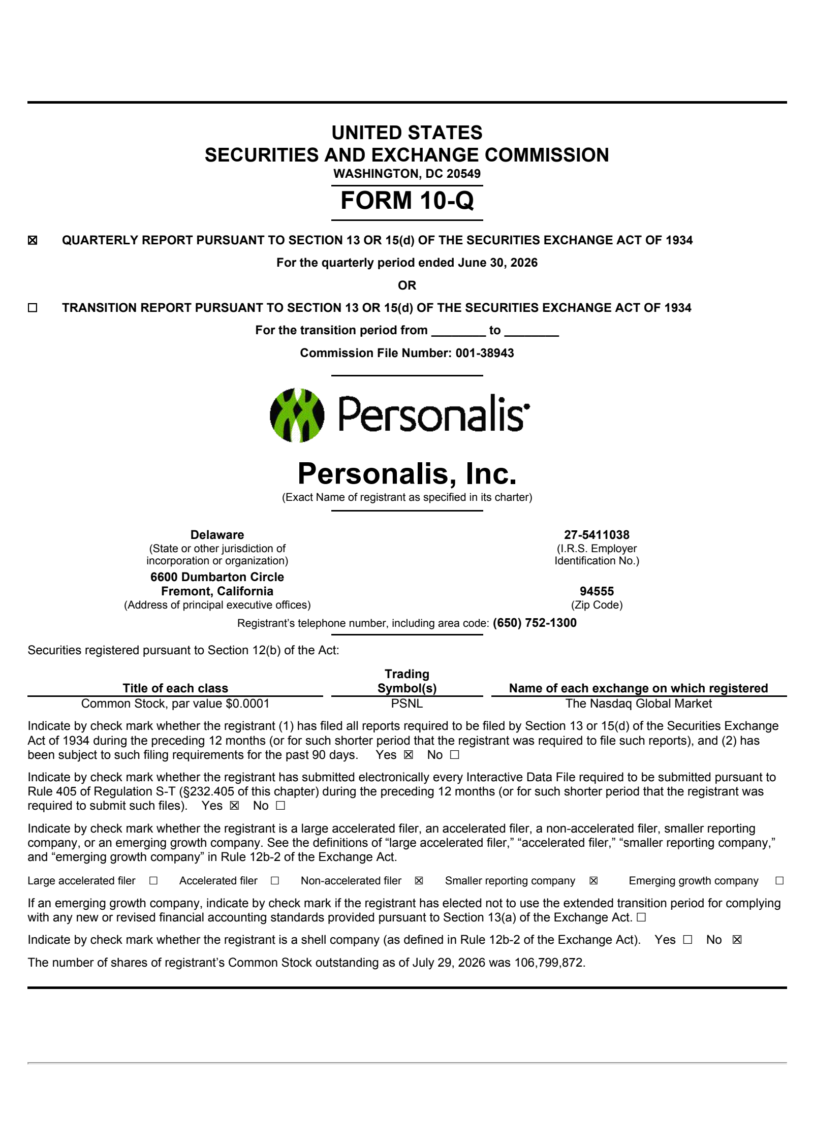 Personalis' Q2 2026 Quarterly report