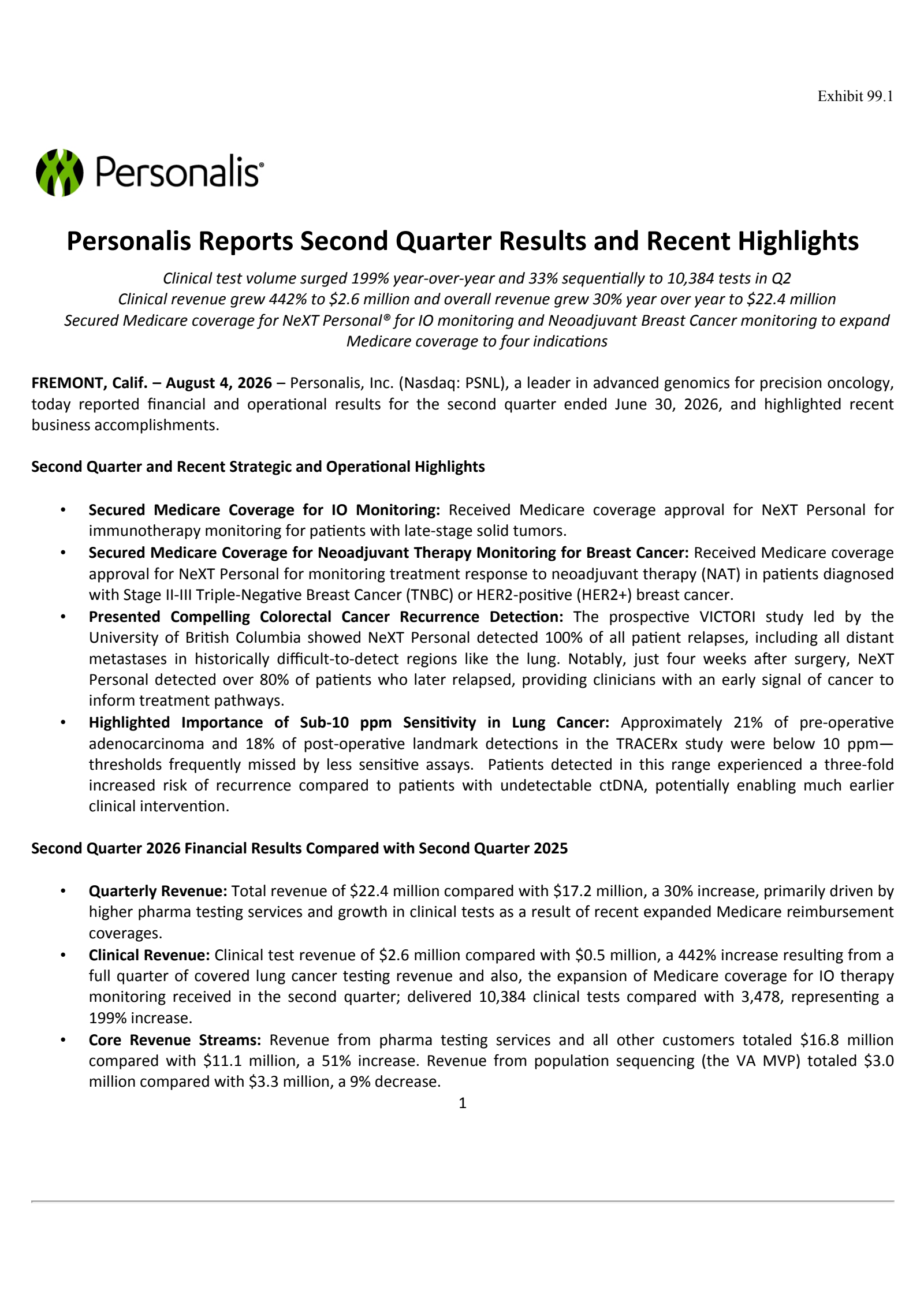Personalis' Q2 2026 Press Release