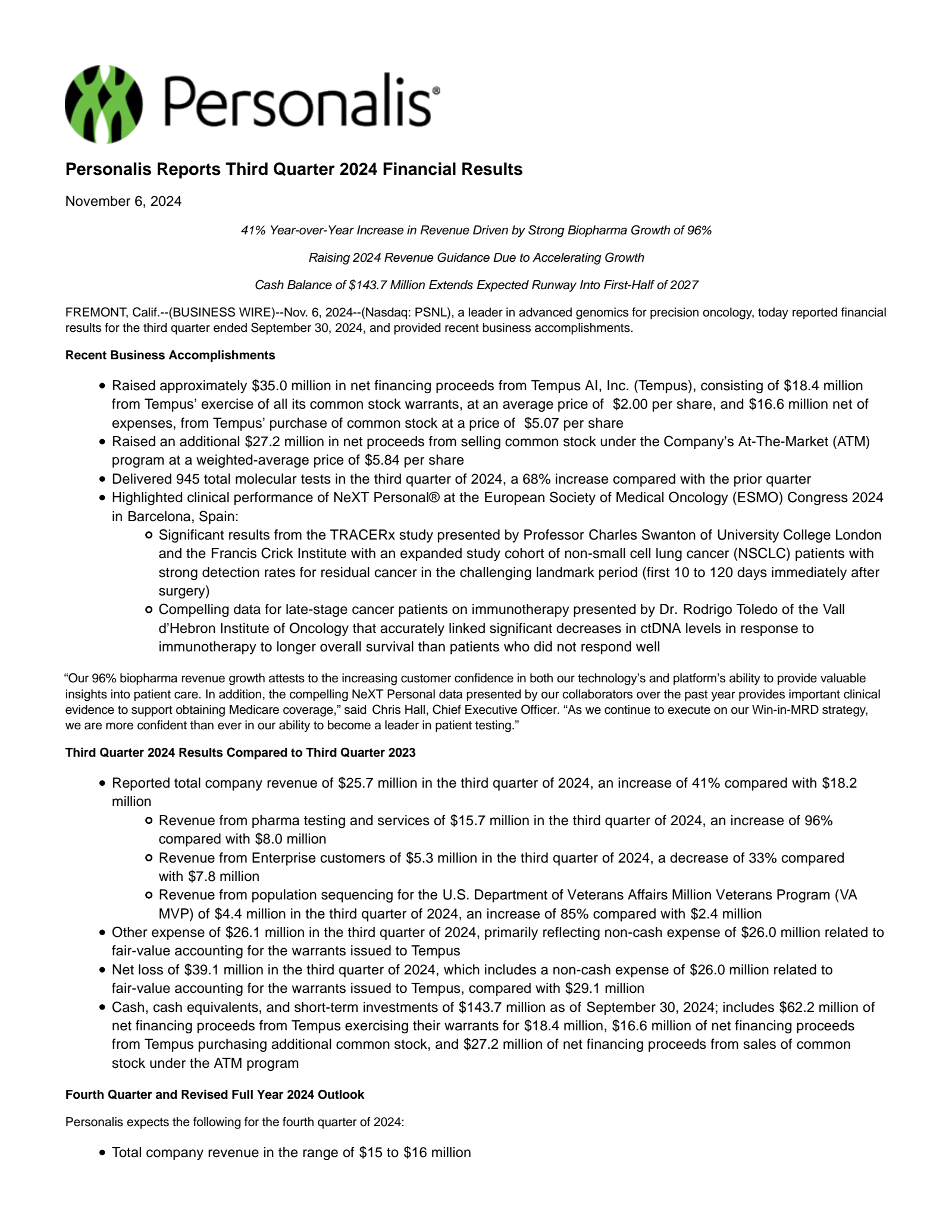 Personalis' Q3 2024 Earnings Release