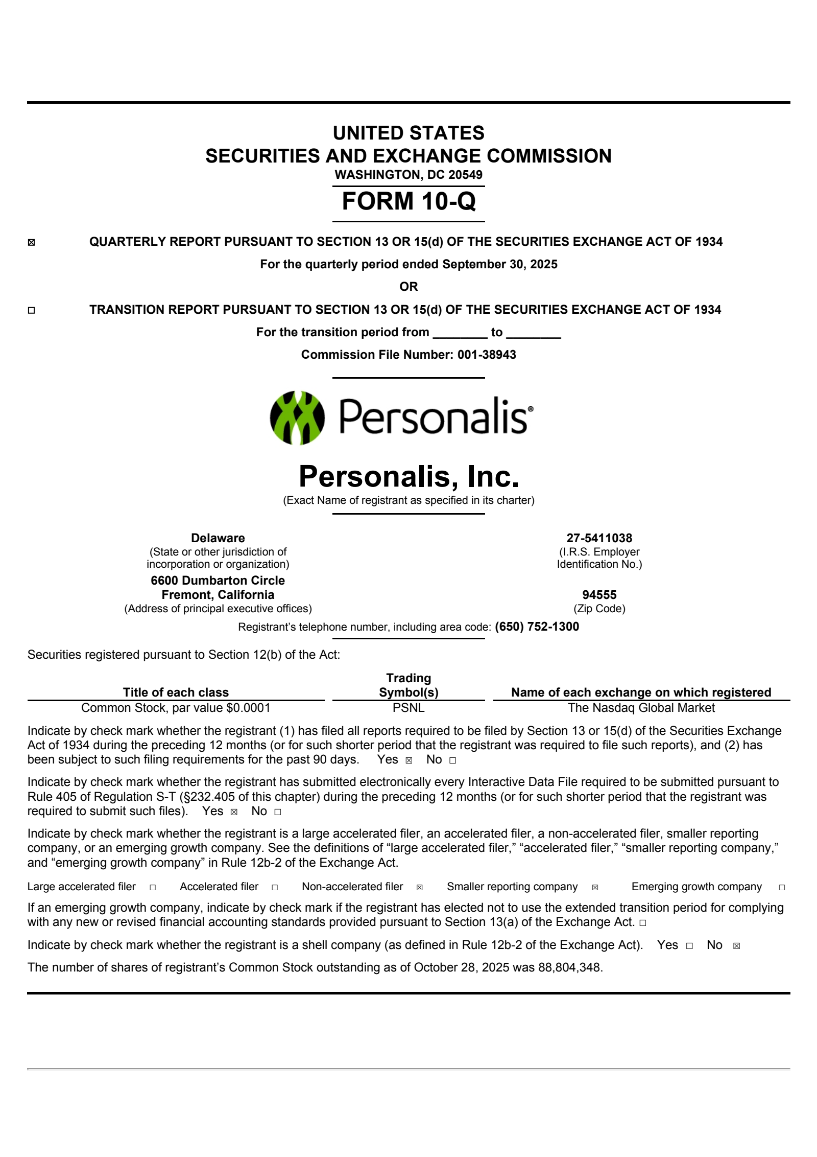Personalis' Q3 2025 Quarterly Report