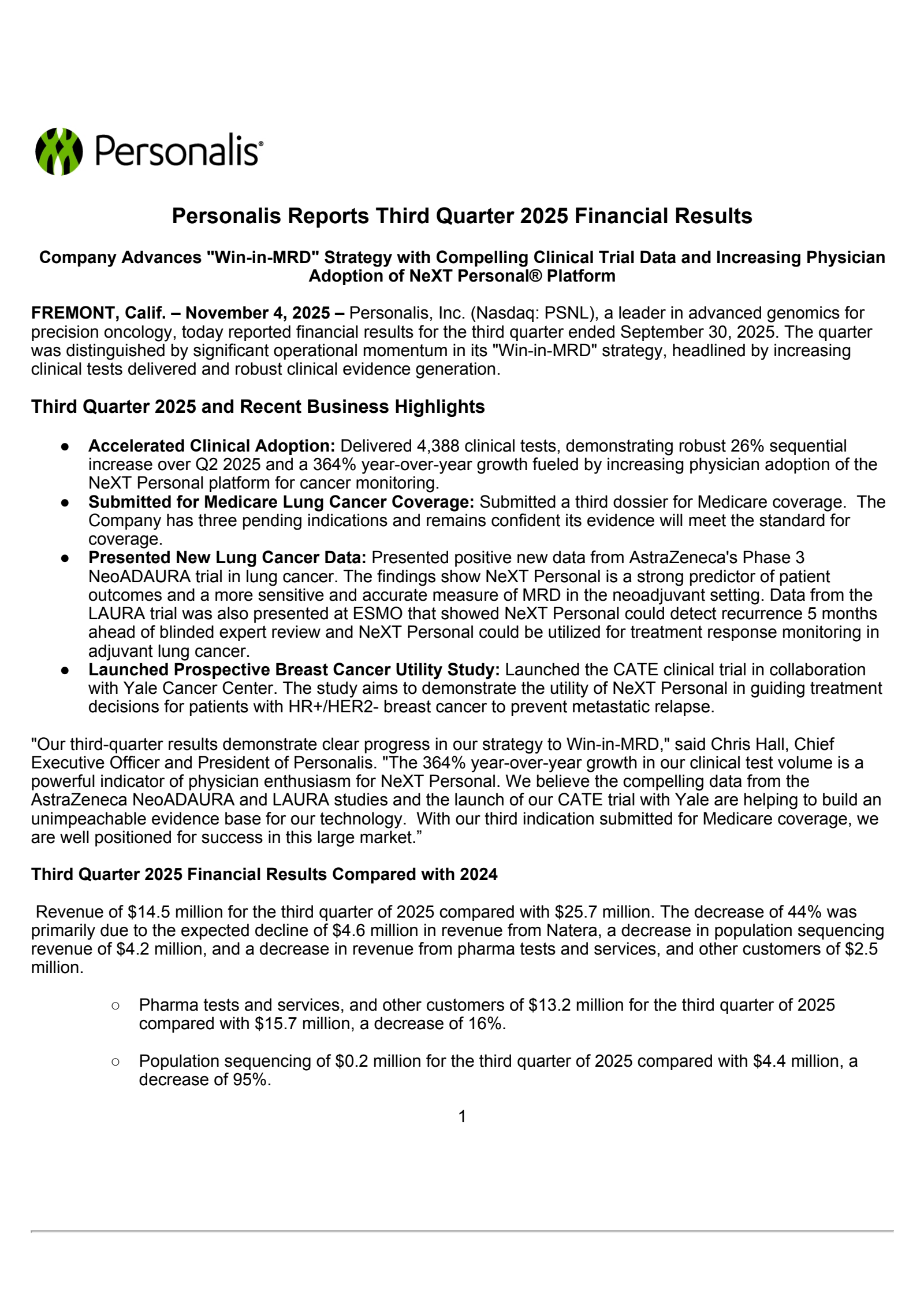 Personalis' Q3 2025 Earnings Release