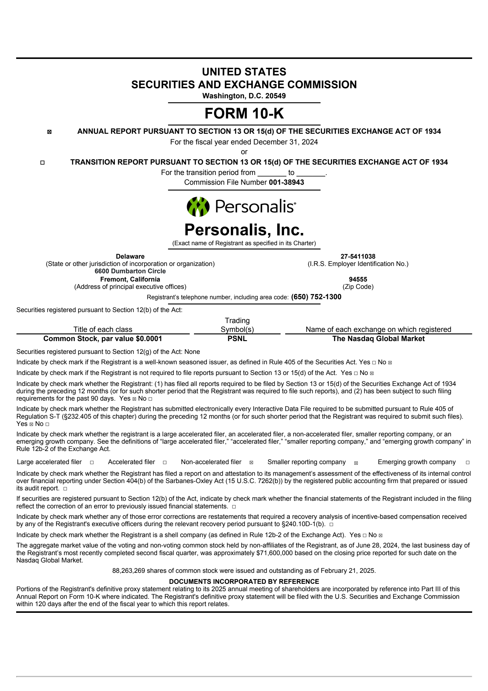Personalis' Q4 2024 Annual report