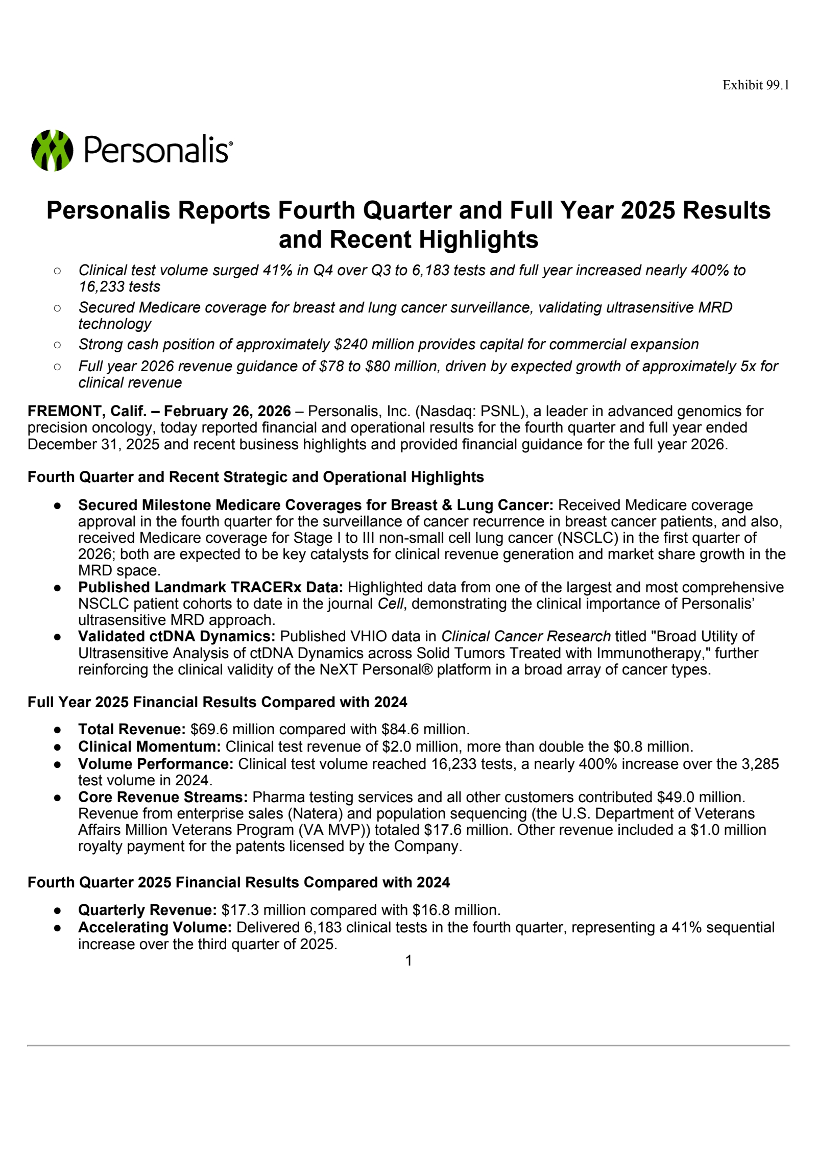 Personalis' Q4 2025 Press Release