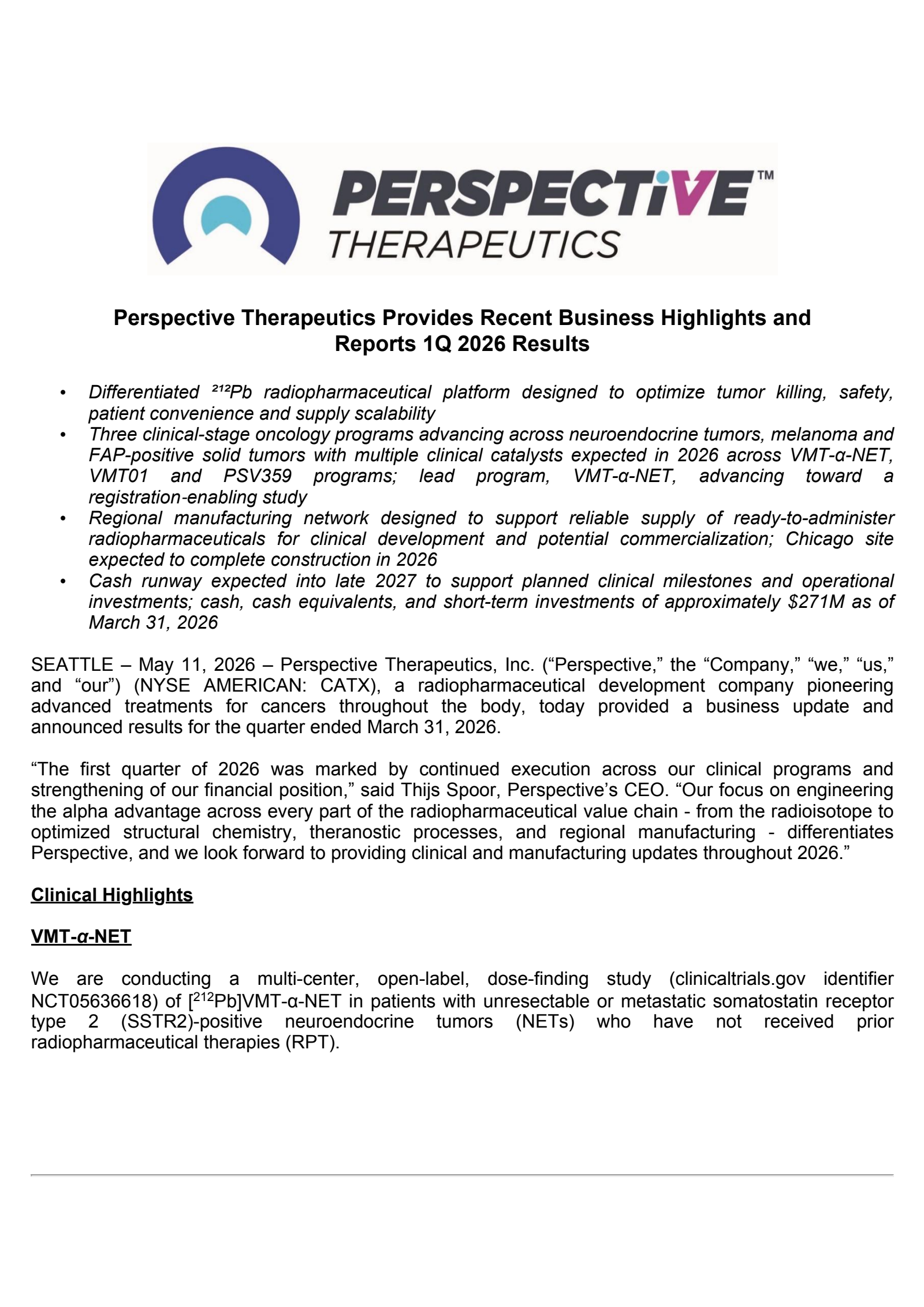 Perspective Therapeutics' Q1 2026 Press Release