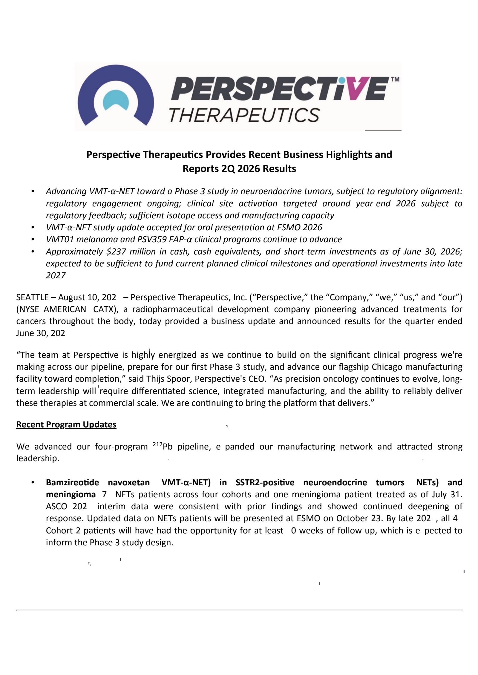 Perspective Therapeutics' Q2 2026 Press Release