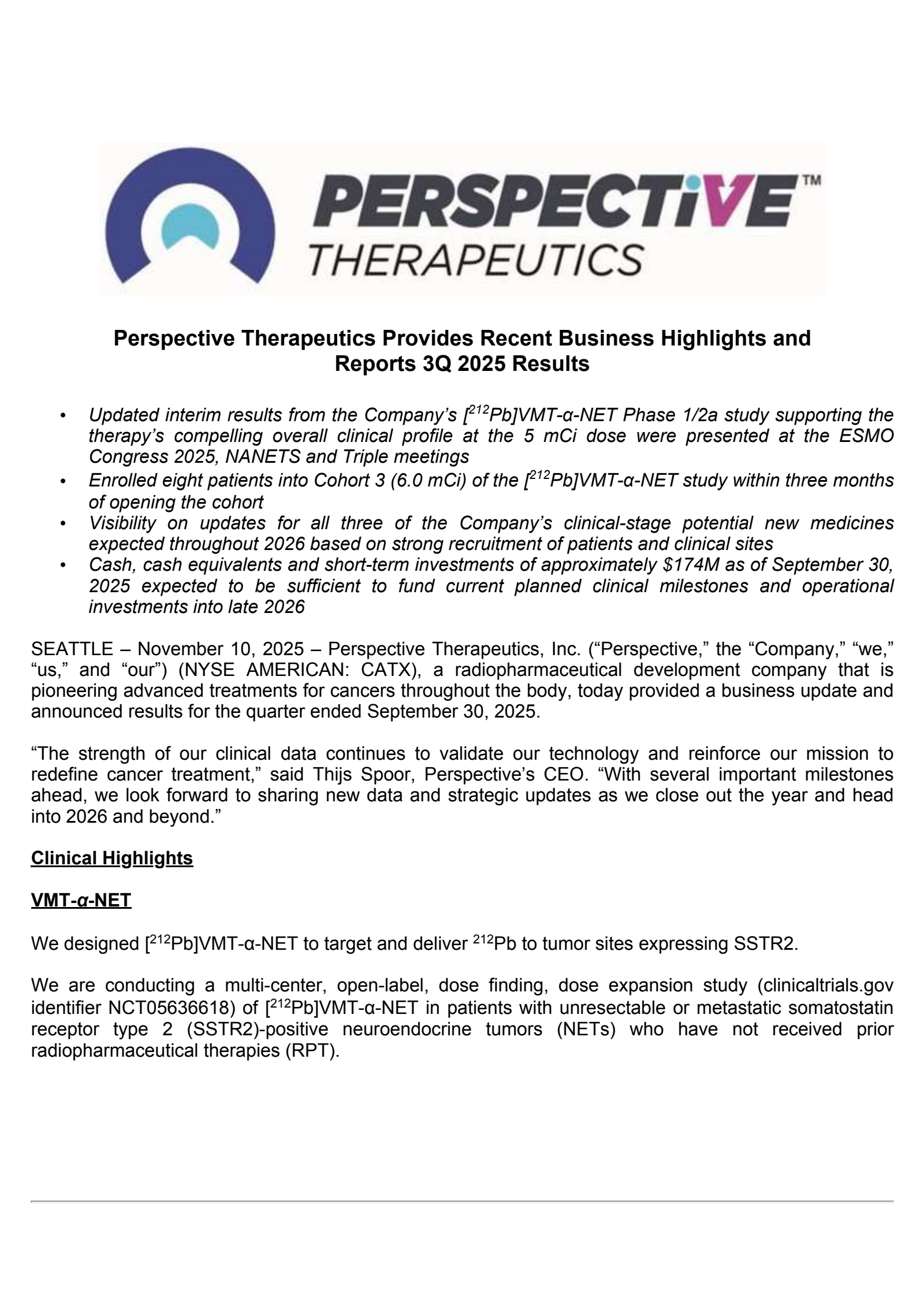 Perspective Therapeutics' Q3 2025 Earnings Release