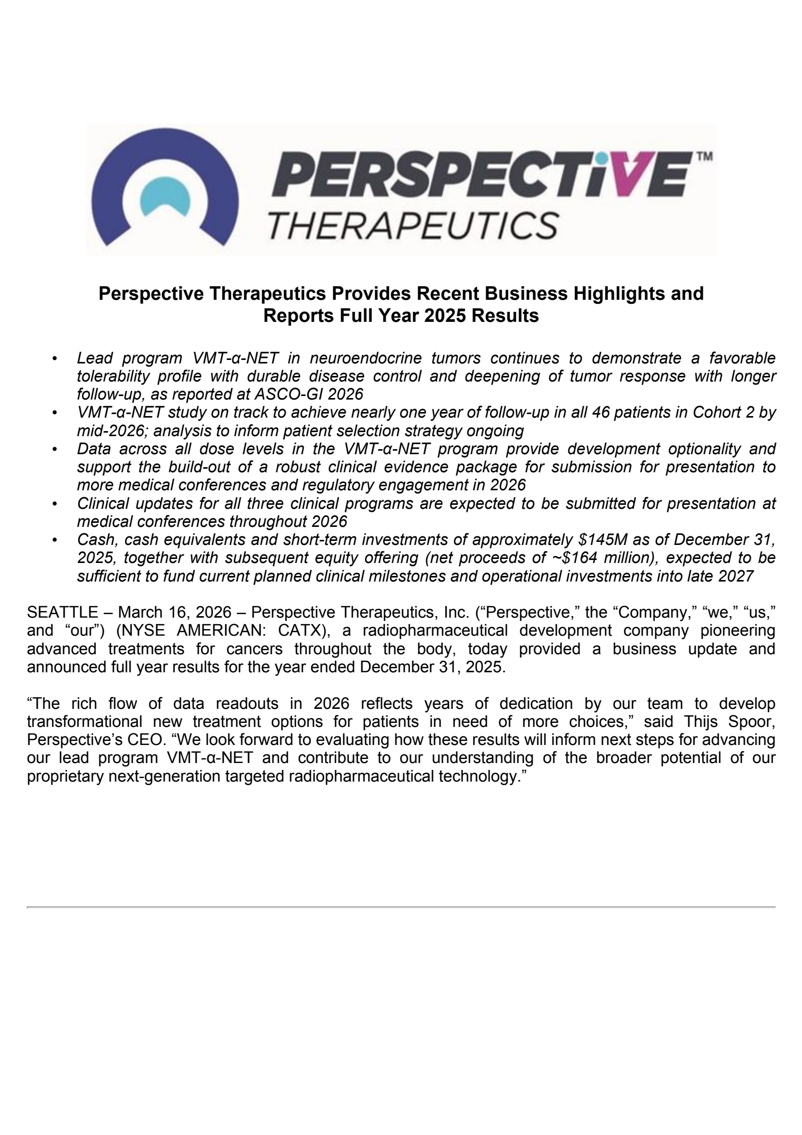 Perspective Therapeutics' Q4 2025 Press Release