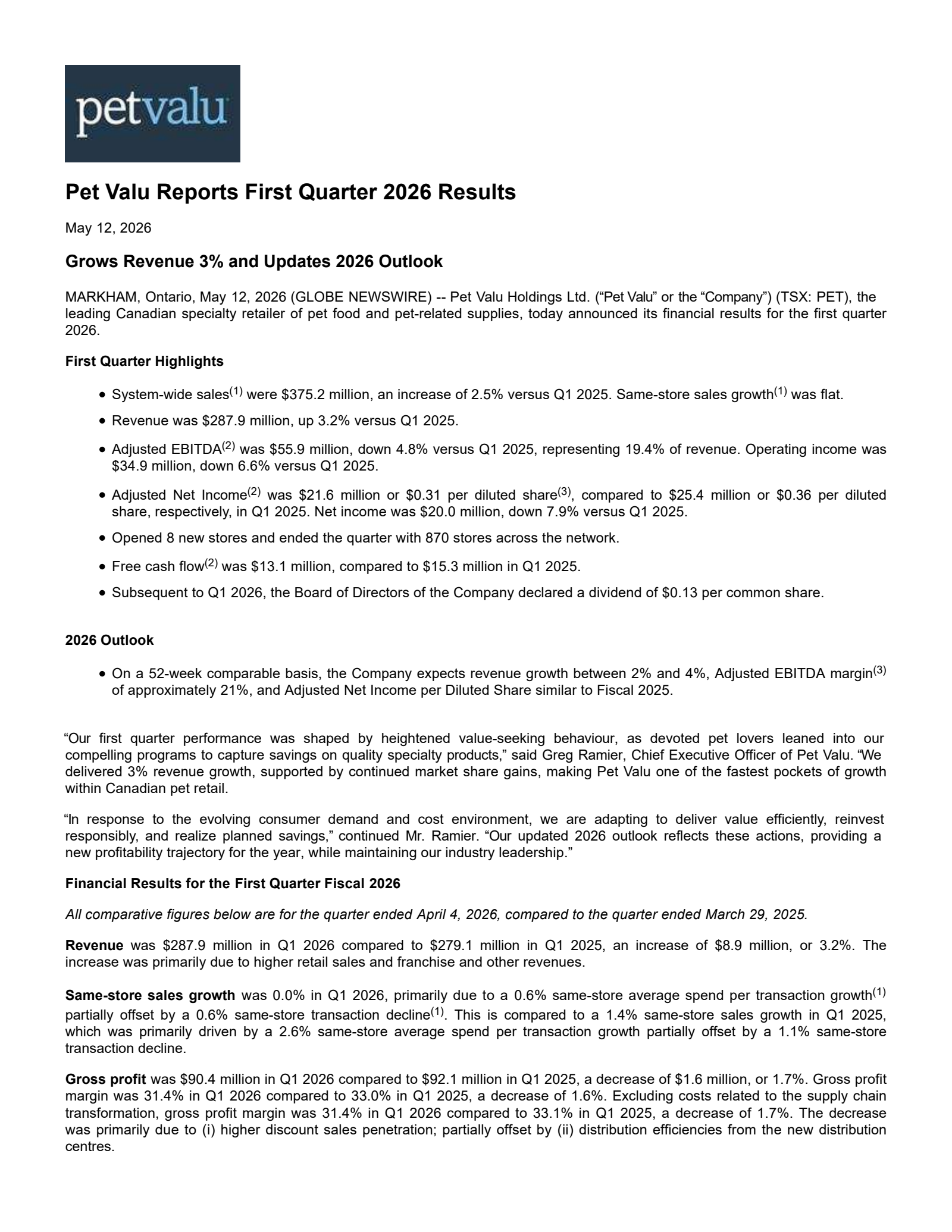 Pet Valu's Q1 2026 Press Release