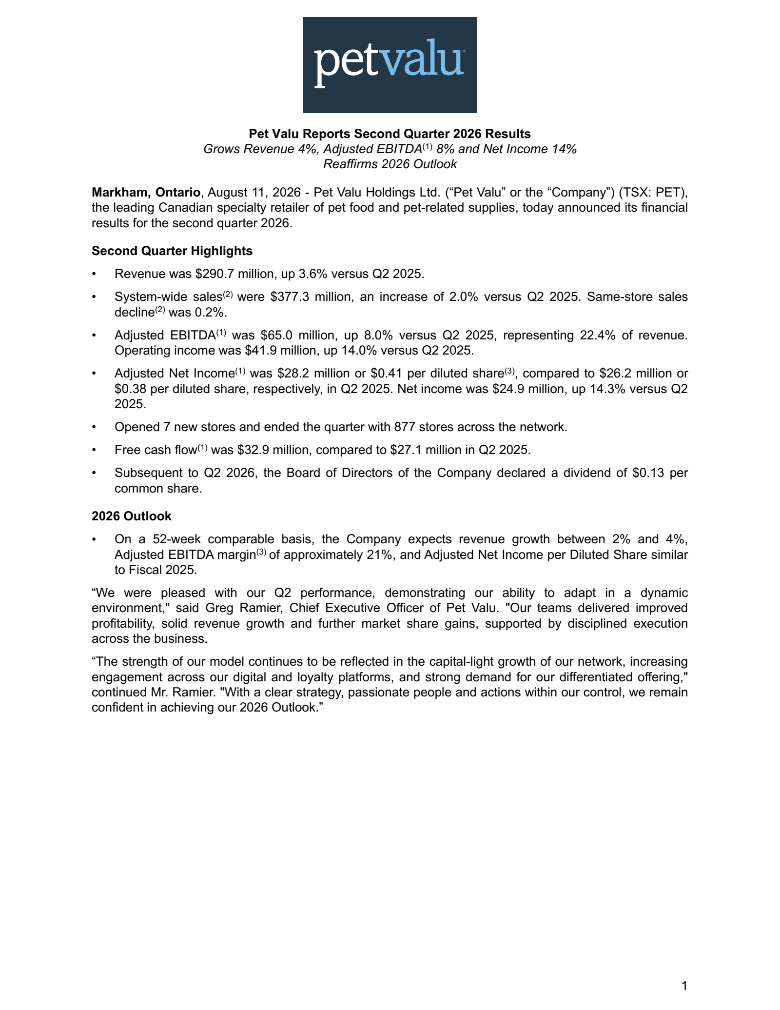 Pet Valu's Q2 2026 Press Release