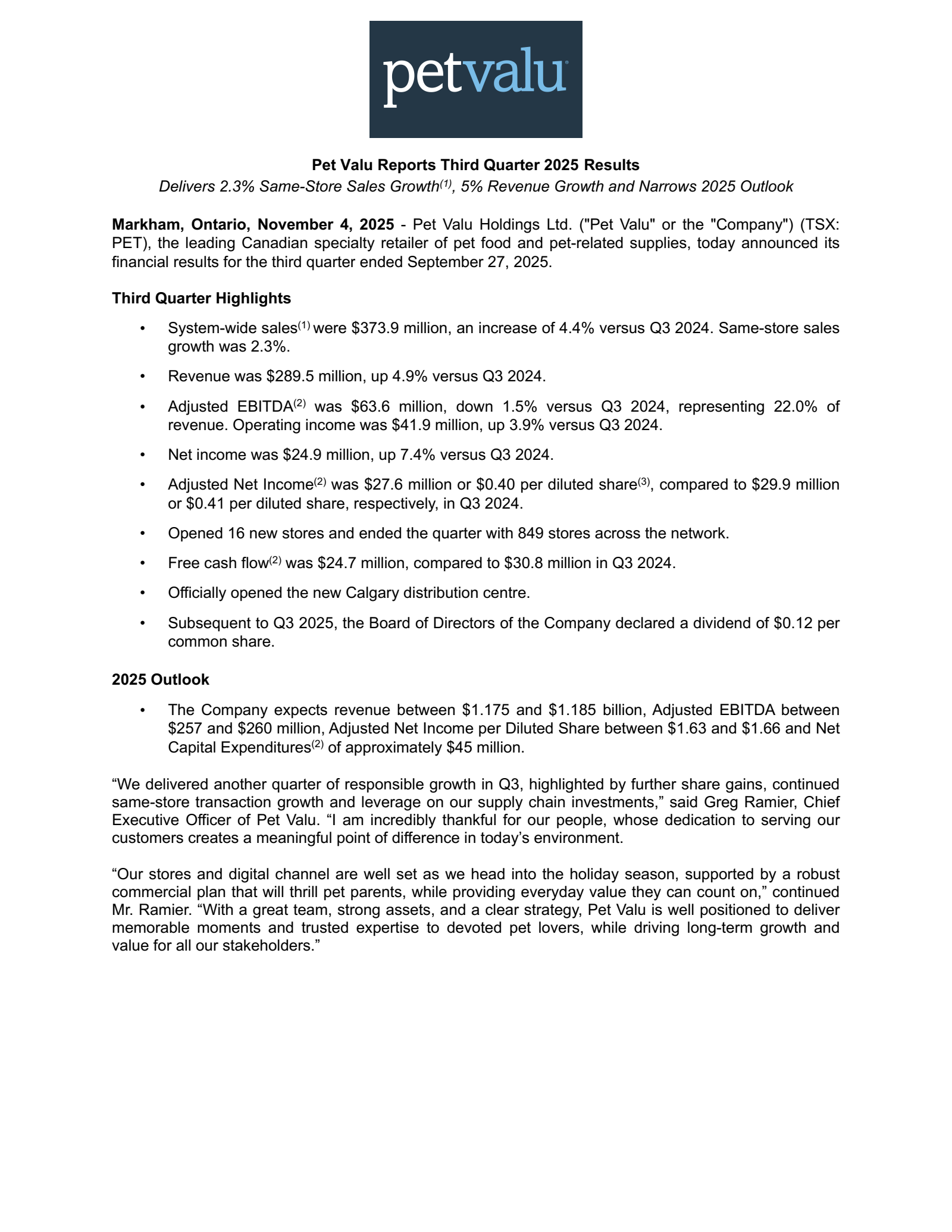 Pet Valu's Q3 2025 Earnings Release