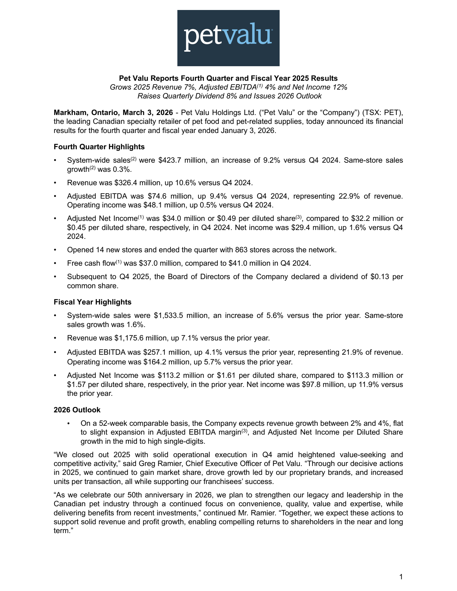 Pet Valu's Q4 2025 Press Release